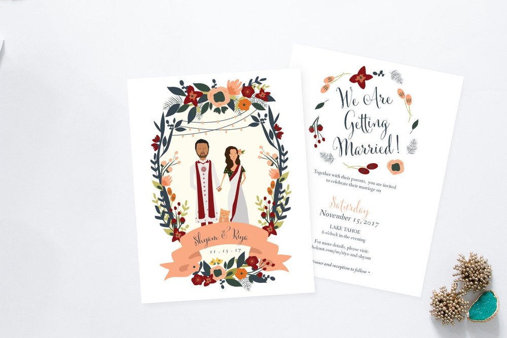 Floral Custom Illustration Couples Portrait Wedding Invitation by Heart and Fox