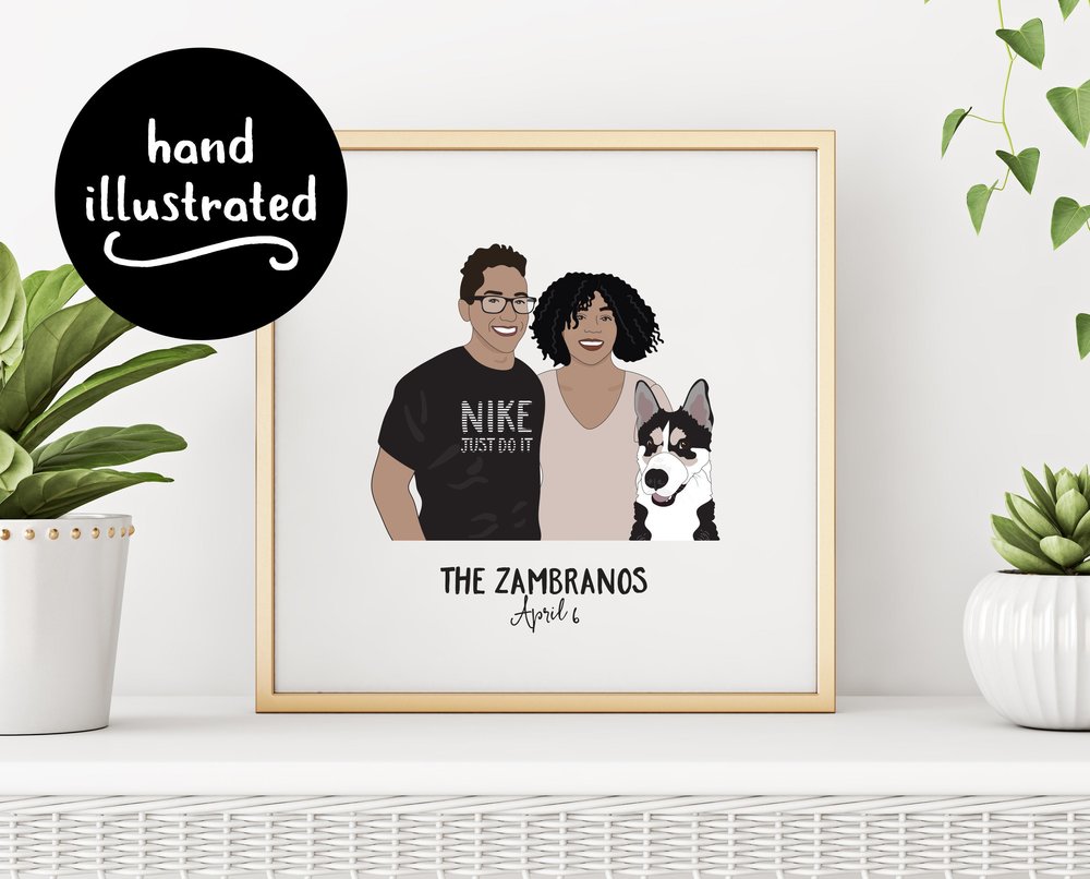 Custom Illustration Couple and Pet Family Portrait Print by Little Ginger Designs