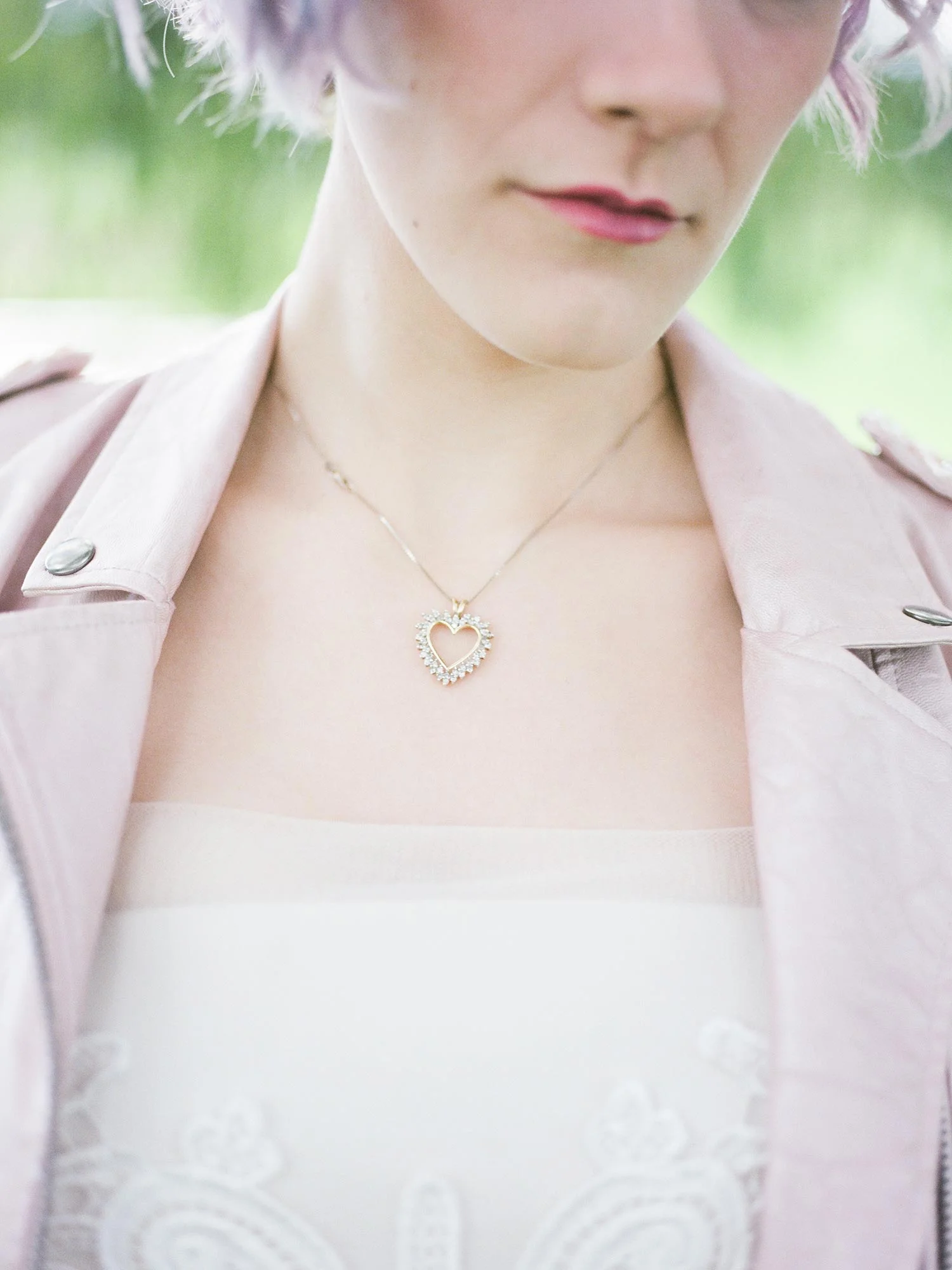 Chic Queer Wedding in West Chester Pennsylvania showing Sara’s diamond heart necklace Judson Rappaport Photography