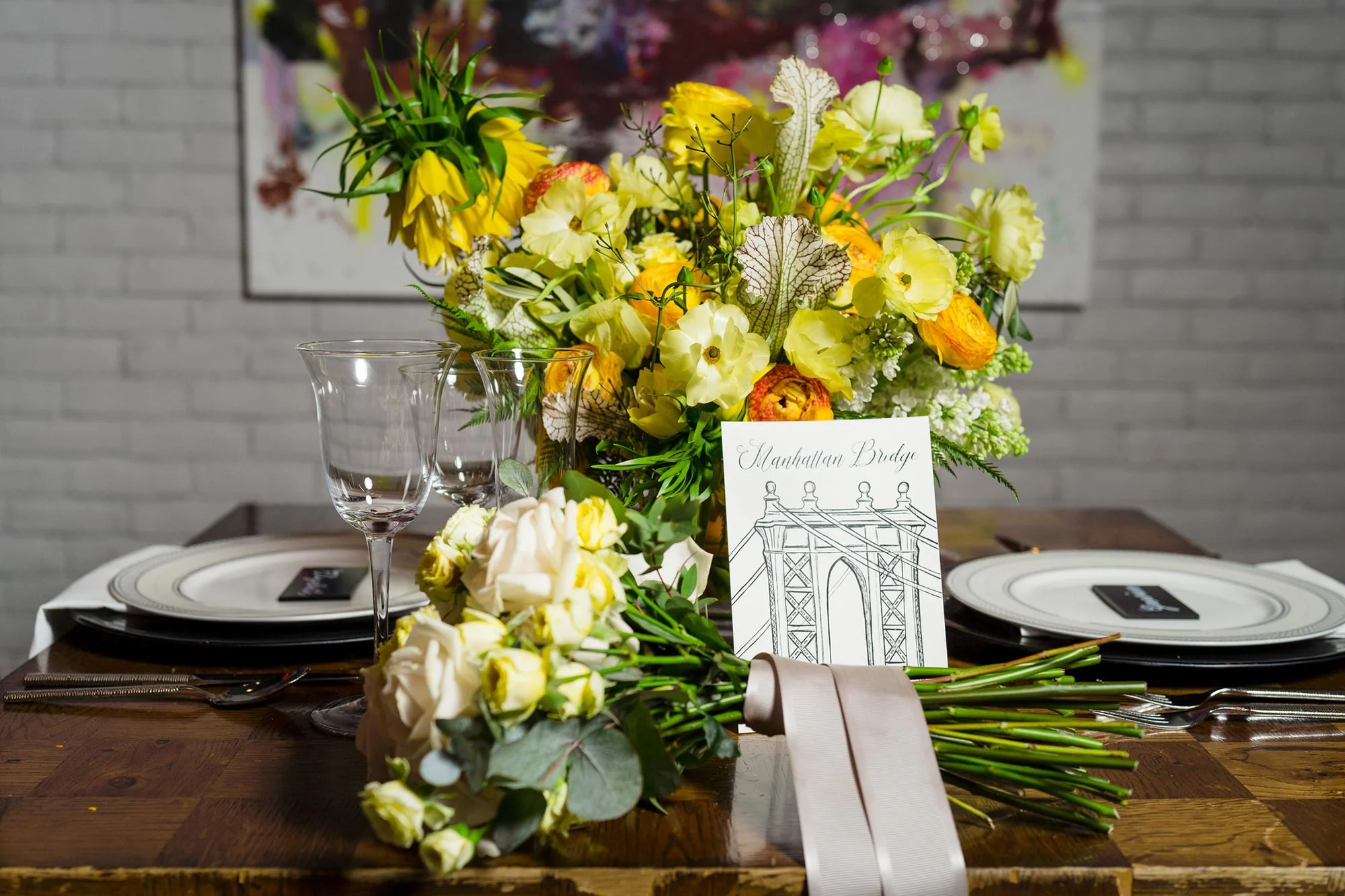 Bright Neon Wedding Inspiration at The Bowery Hotel NYC showing bouquet on reception table JC Lemon Photography