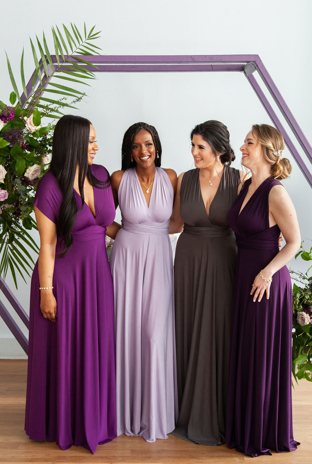 Henkaa fall wedding party dresses in purple and gray tones