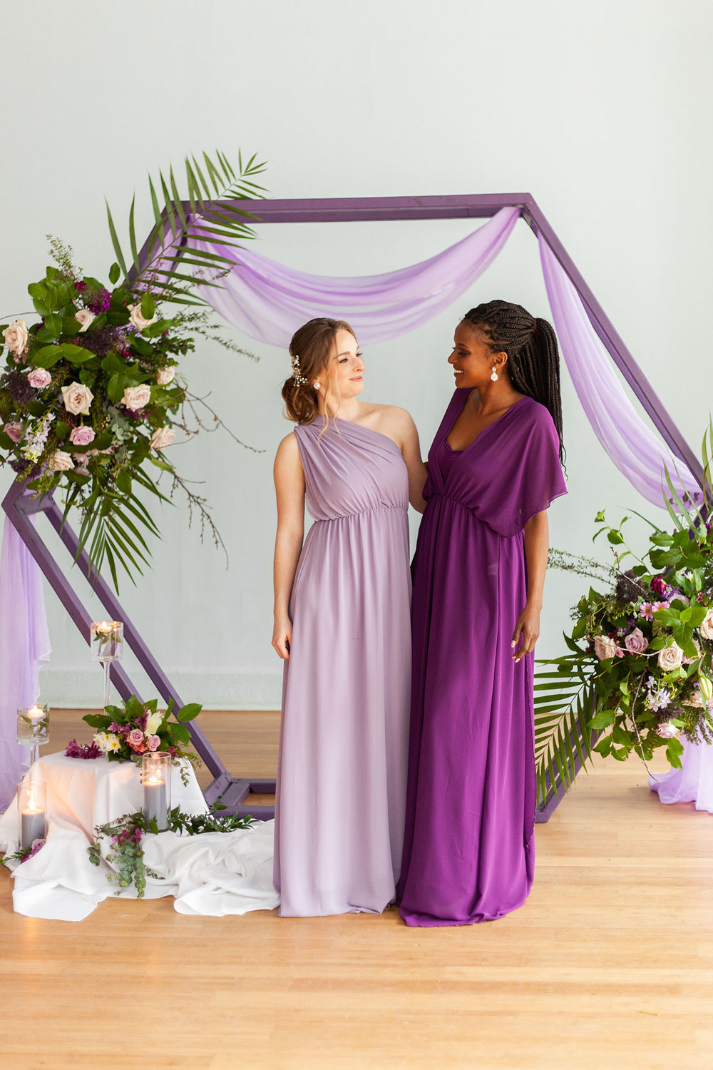 Henkaa fall wedding collection with bridesmaids in purple dresses