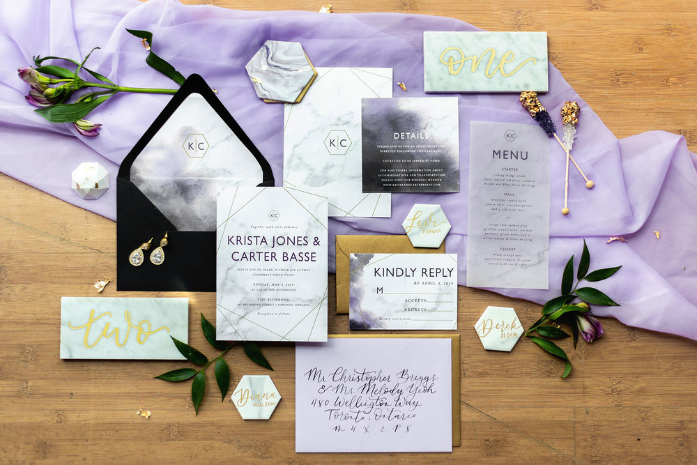 Henkaa fall wedding collection with marbled wedding invitation suite