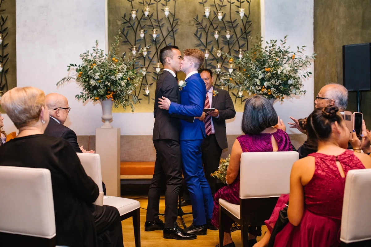 modern mediterranean wedding meatpacking district new york city rima brindamour photography ceremony kiss