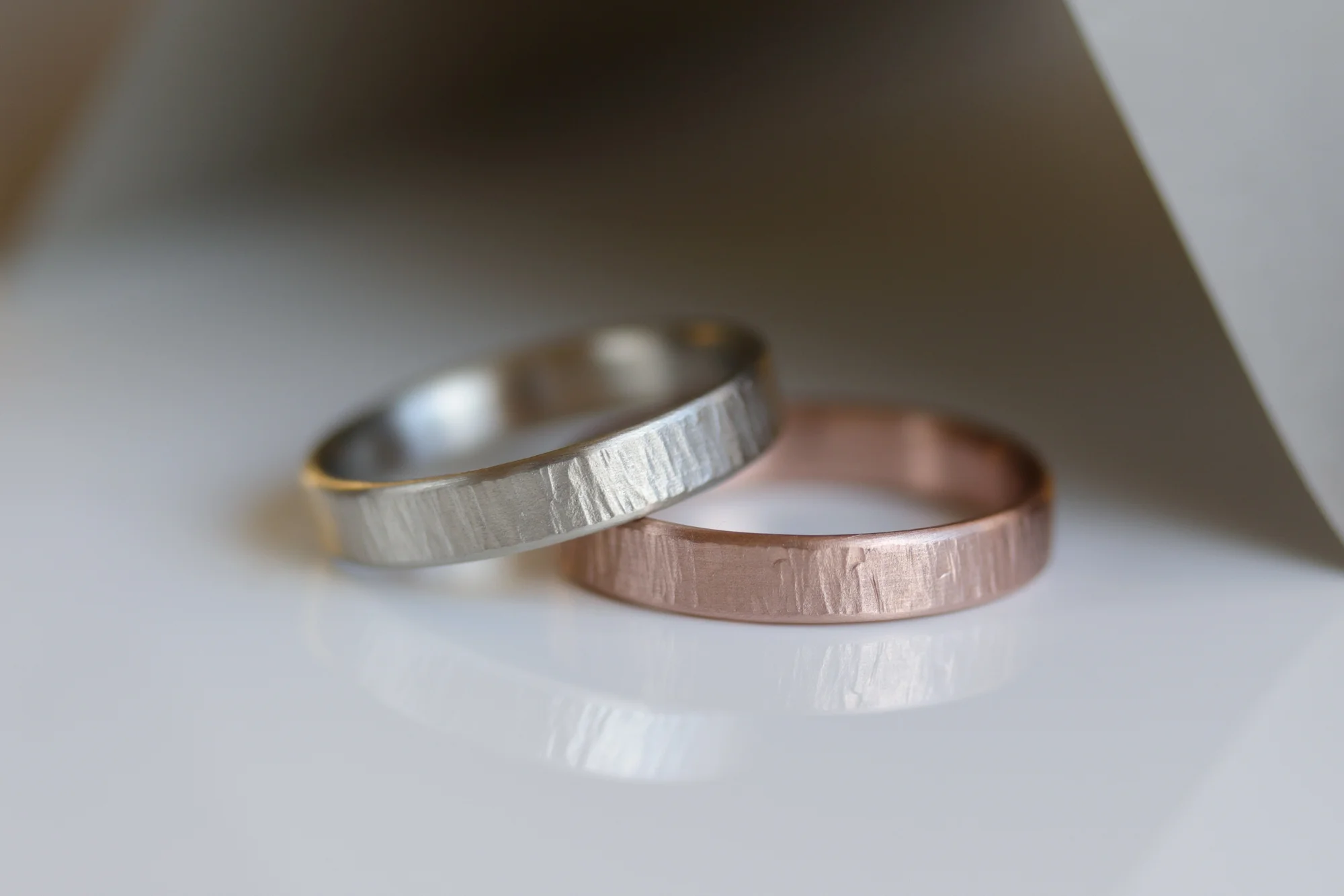 Wood Textured Wedding Bands by Aide-Memoire Jewelry