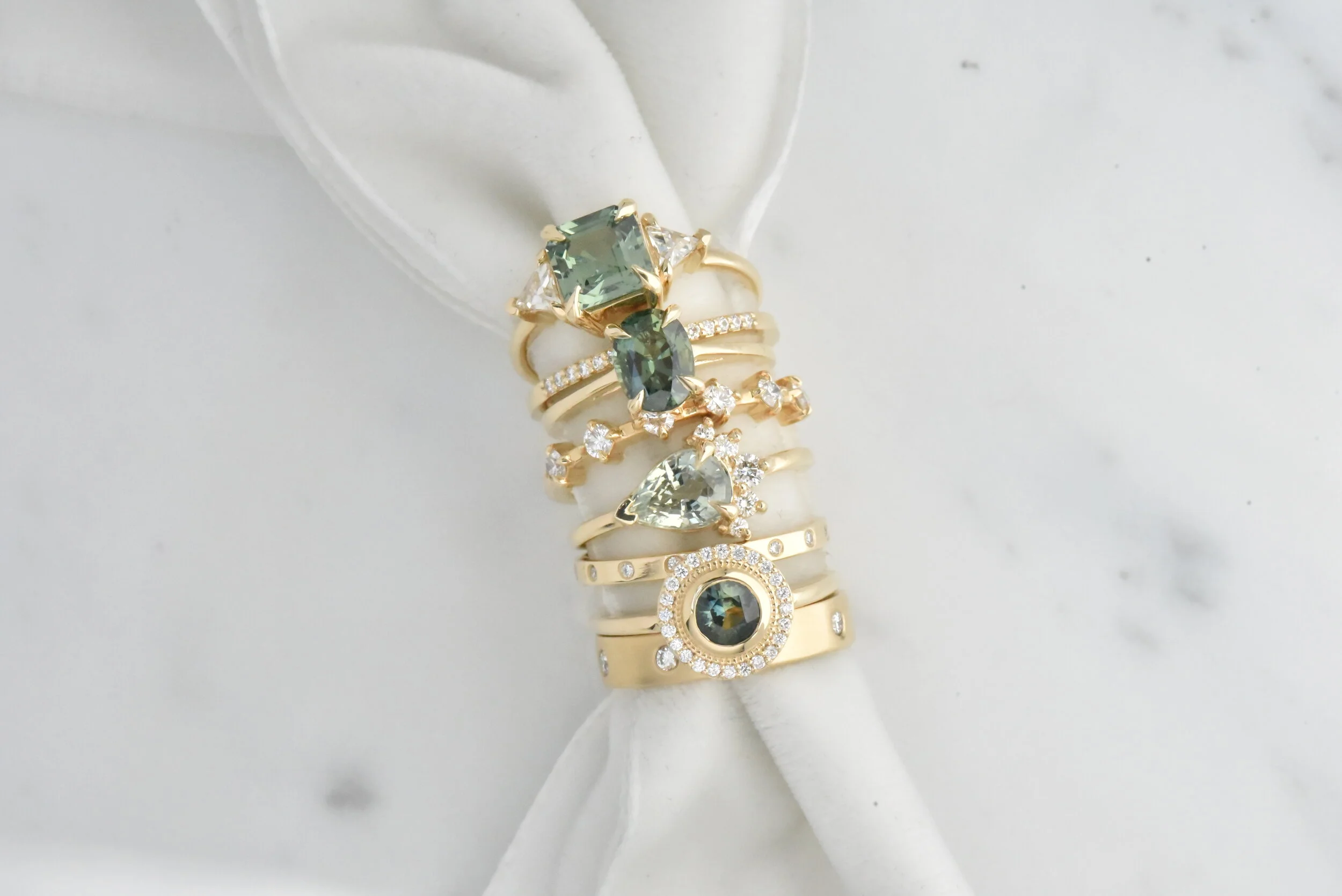 Green and Teal Sapphire and Diamond Wedding Engagement Rings by Valerie Madison Jewelry Seattle