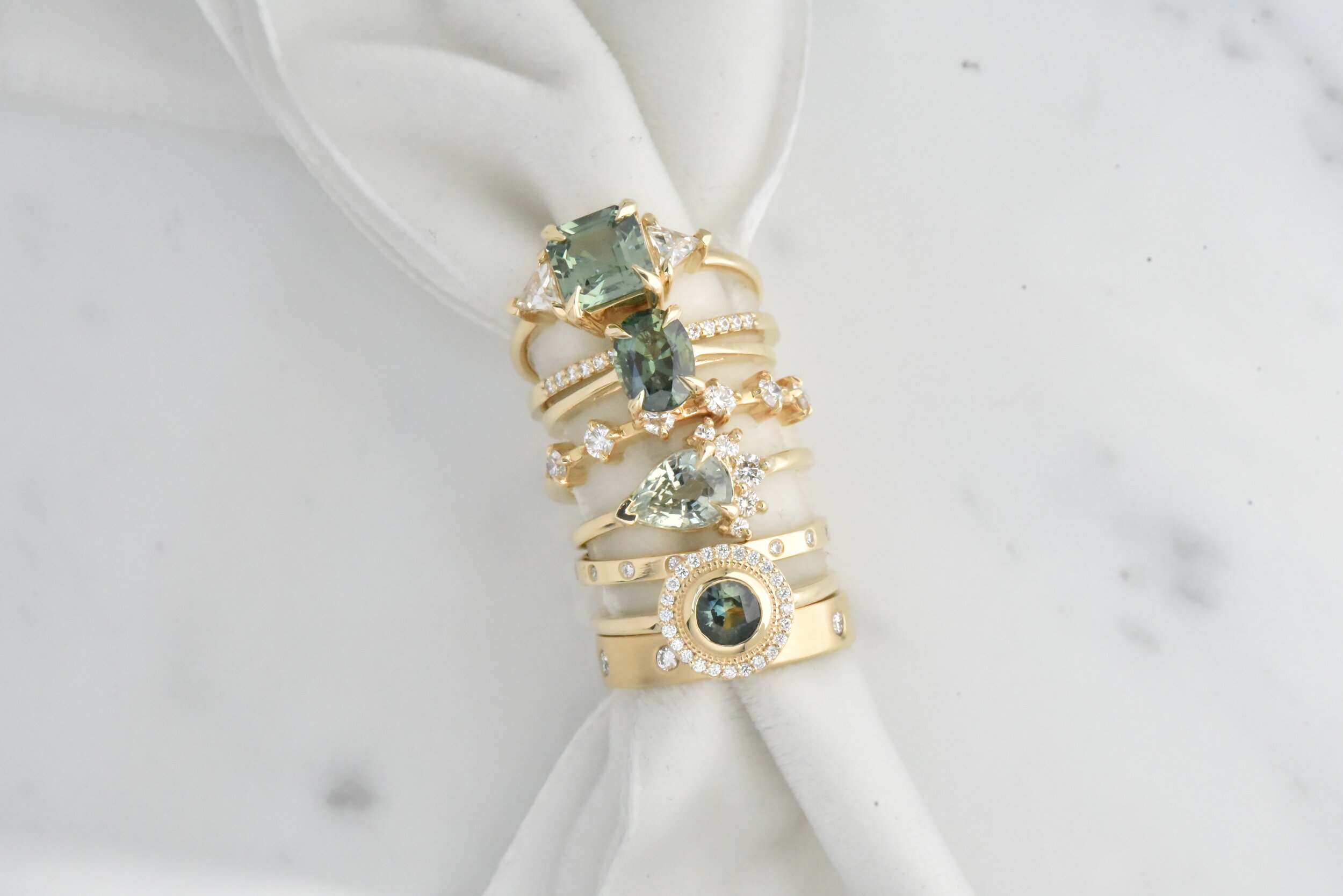 Green and Teal Sapphire and Diamond Wedding Engagement Rings by Valerie Madison Jewelry Seattle