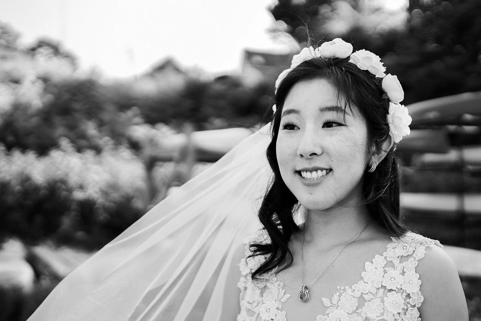 Newlywed in flower crown and veil Rachel Epperly Film and Photo Portland Oregon