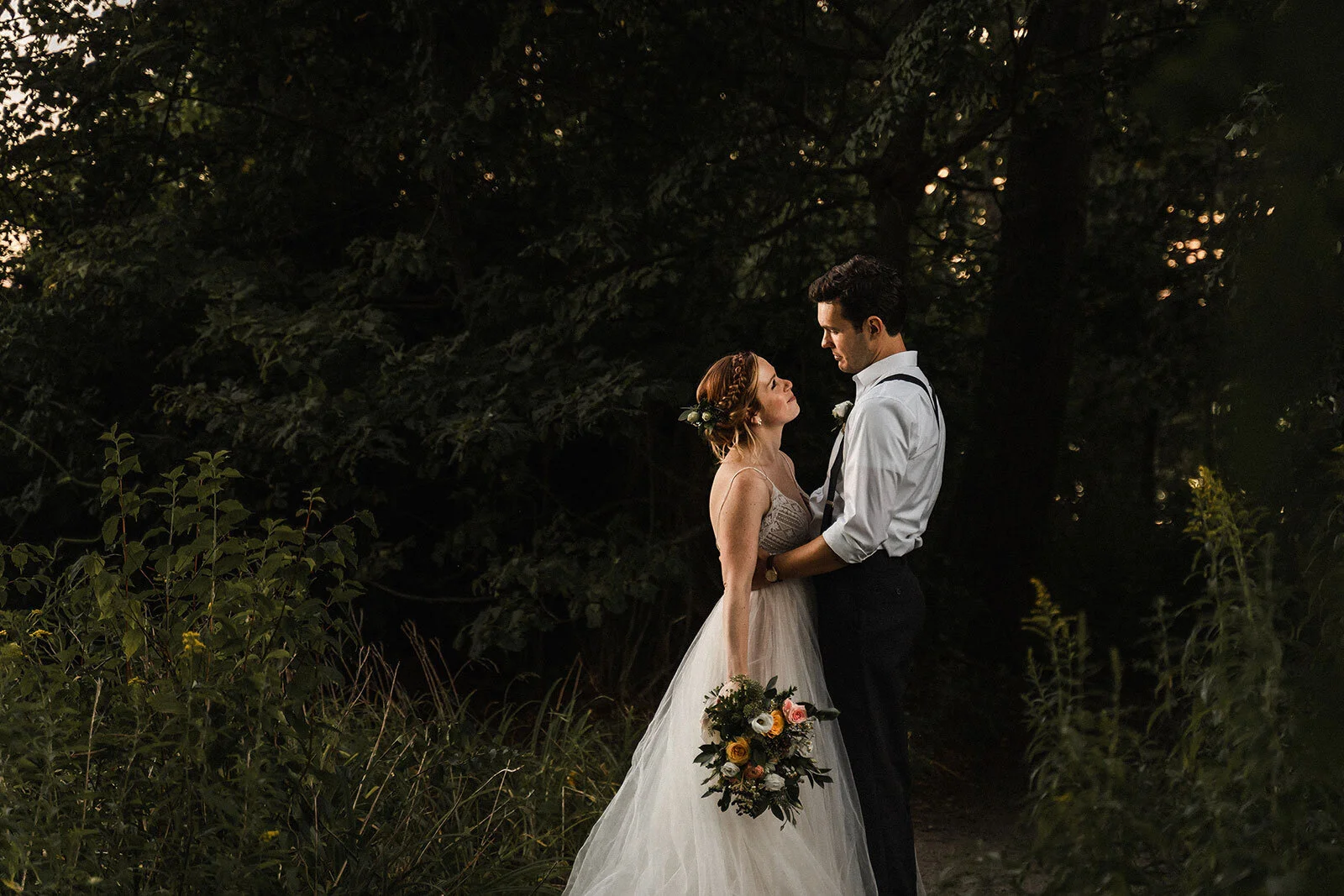 Newlyweds embrace under trees Rachel Epperly Film and Photo Portland Oregon