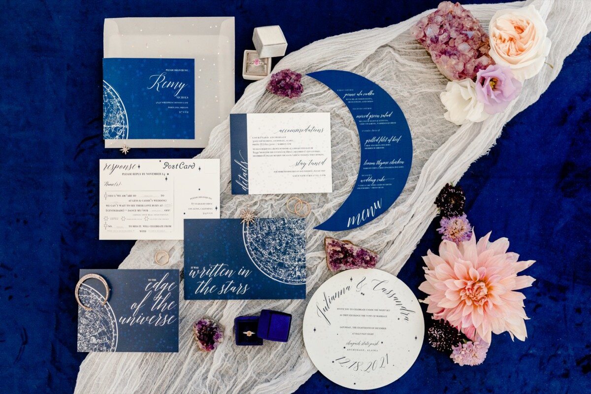 Celestial and Geode wedding inspiration in Winston Salem NC showing cobalt celestial invitation suite Ariel Kaitlin Photography
