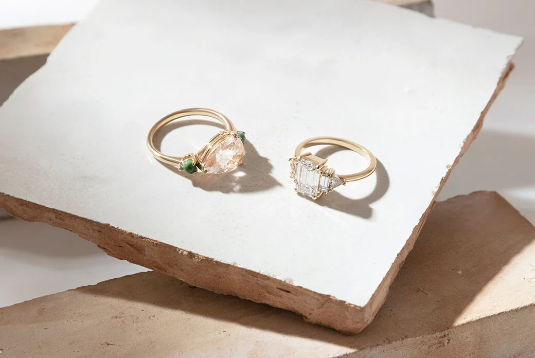 Emerald Cut White Sapphire Cluster Engagement Ring Rosey West 