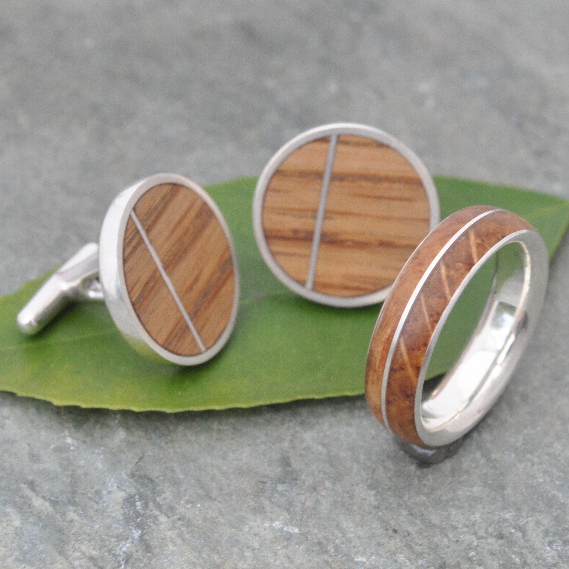 Comfort Fit Bourbon Barrel Wedding Ring and Cufflinks Set by Naturaleza Jewelry