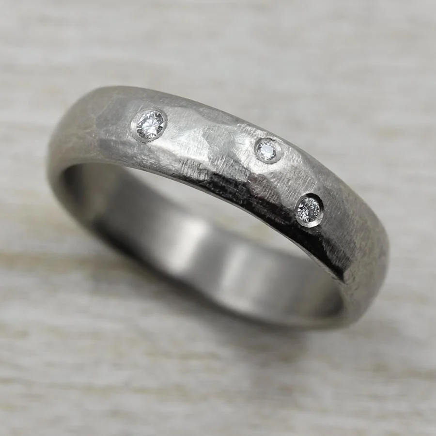 Flush Set Stone Texture Hand-Carved Classic Band Engagement Ring by Aide-mémoire Jewelry