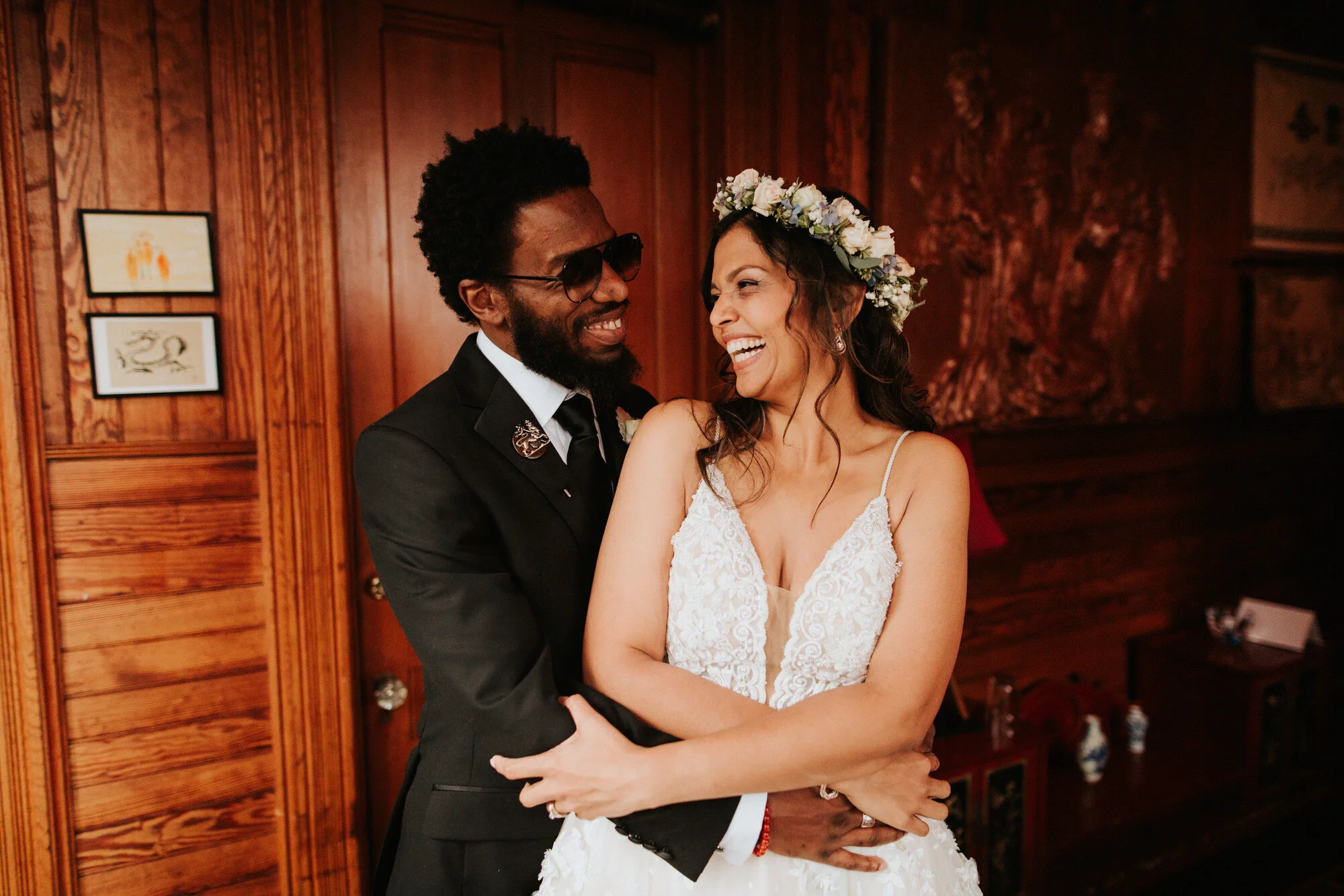 Newlywed bride and groom hug after wedding ceremony Diana Ascarrunz Austin Wedding Photographer