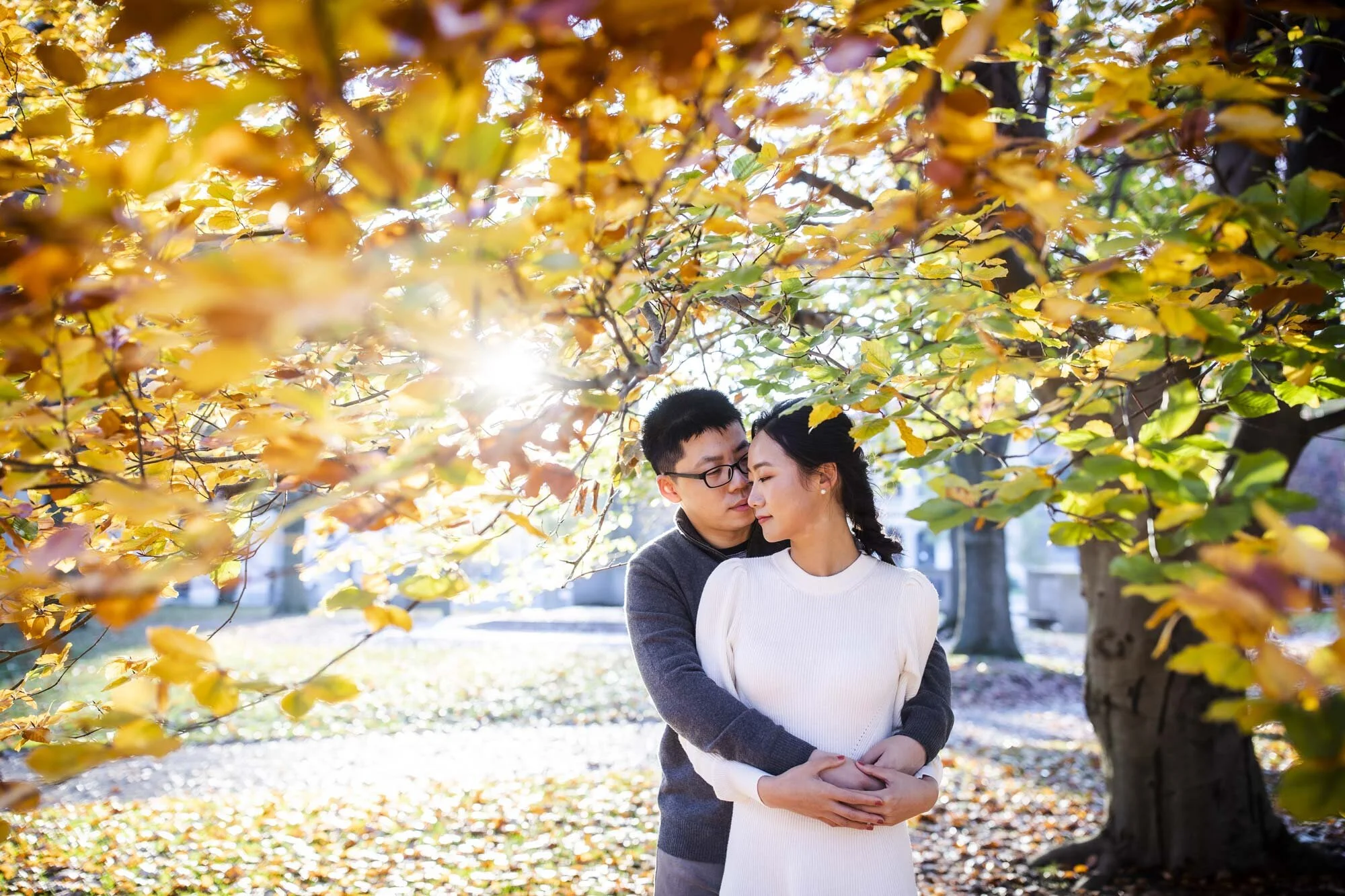 Couple embraces in a Ohio park under autumn trees during wedding engagement photo session Amy Ann Photography