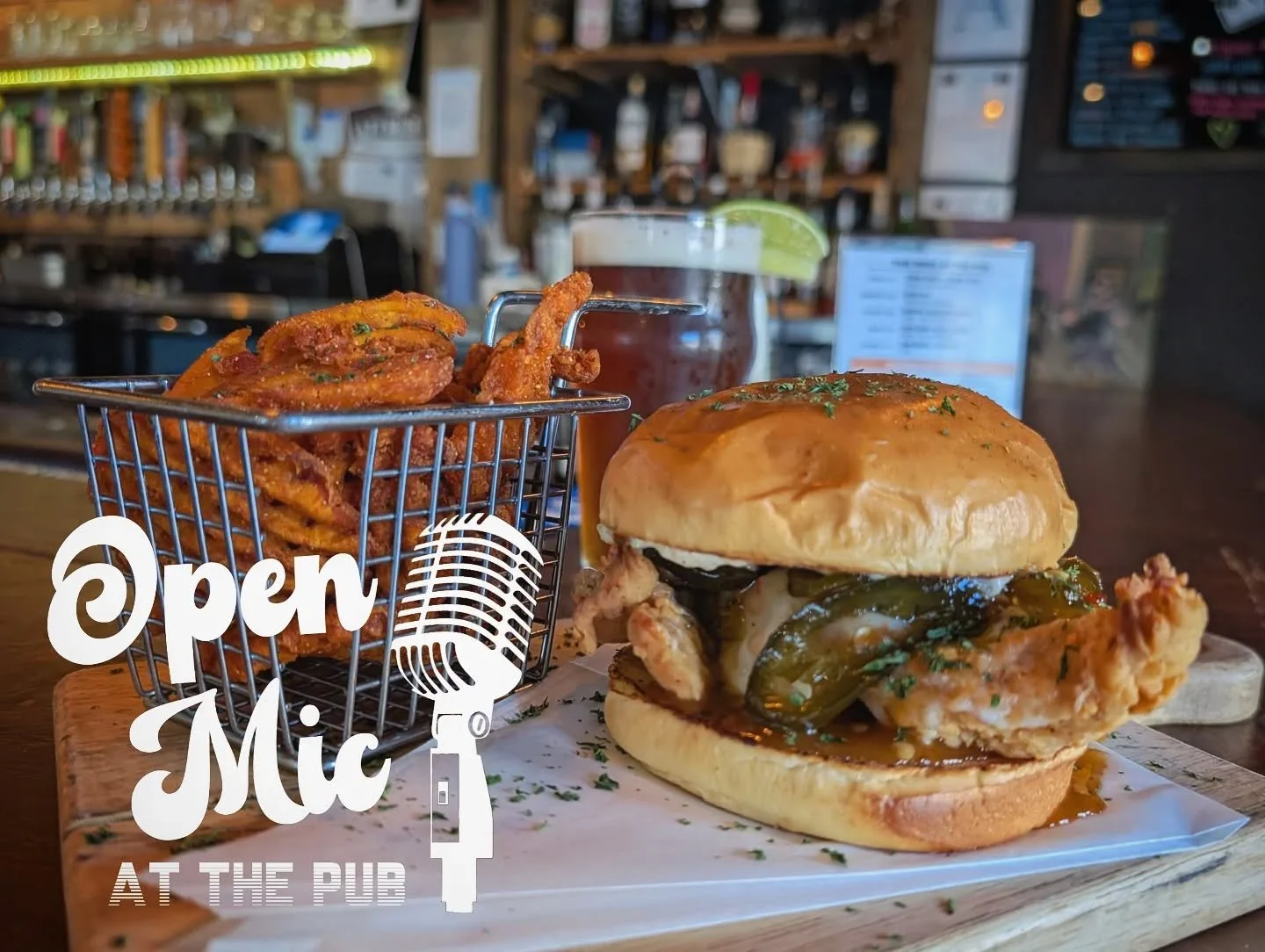 It's Wednesday. We're halfway there. Take a load off at the pub today. If you haven't tried the Cluck Norris, what are you doing?! #IYKYK Open Mic starts at 7PM with Brandon Walker. #humpday #wednesdayvibes #openmic #publife