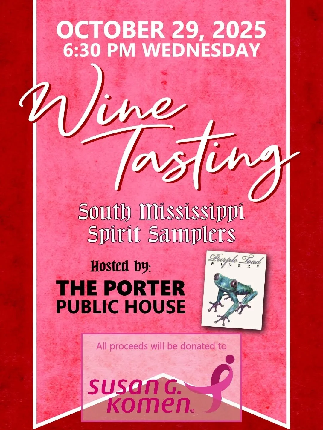 We still have tickets available for Wednesday night's Wine Tasting brought to you by South MS Spirit Samplers. All proceeds go to Komen for the Cure. Grab tickets ahead of time for ONLY $15 or at the door for $20. #winetasting #susangkomen #breastcan