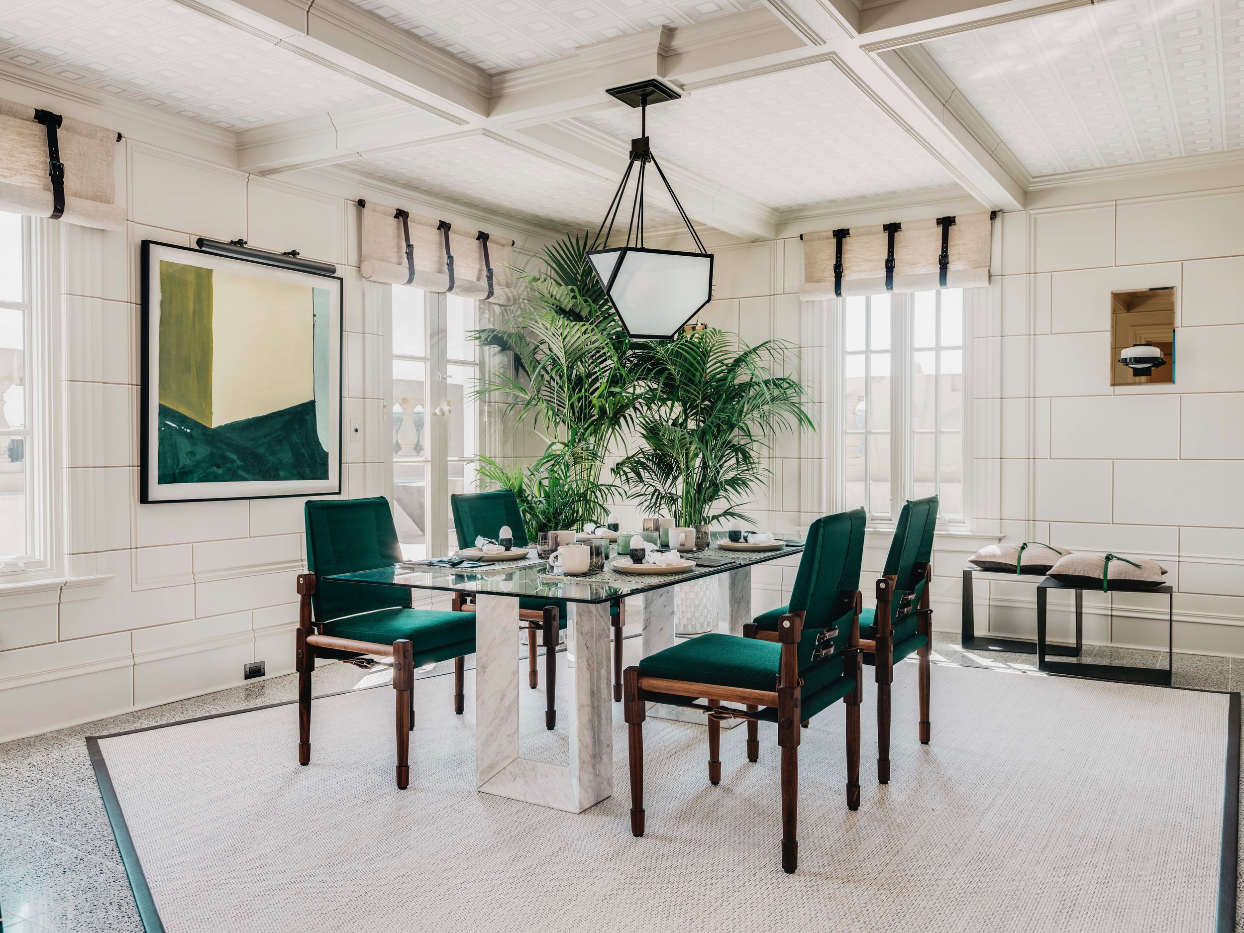  Oiled walnut, Perennials Emerald fabric with Havana English bridle leather strapping  Room by Eche Martinez - San Francisco Decorator Showcase 2019  14 