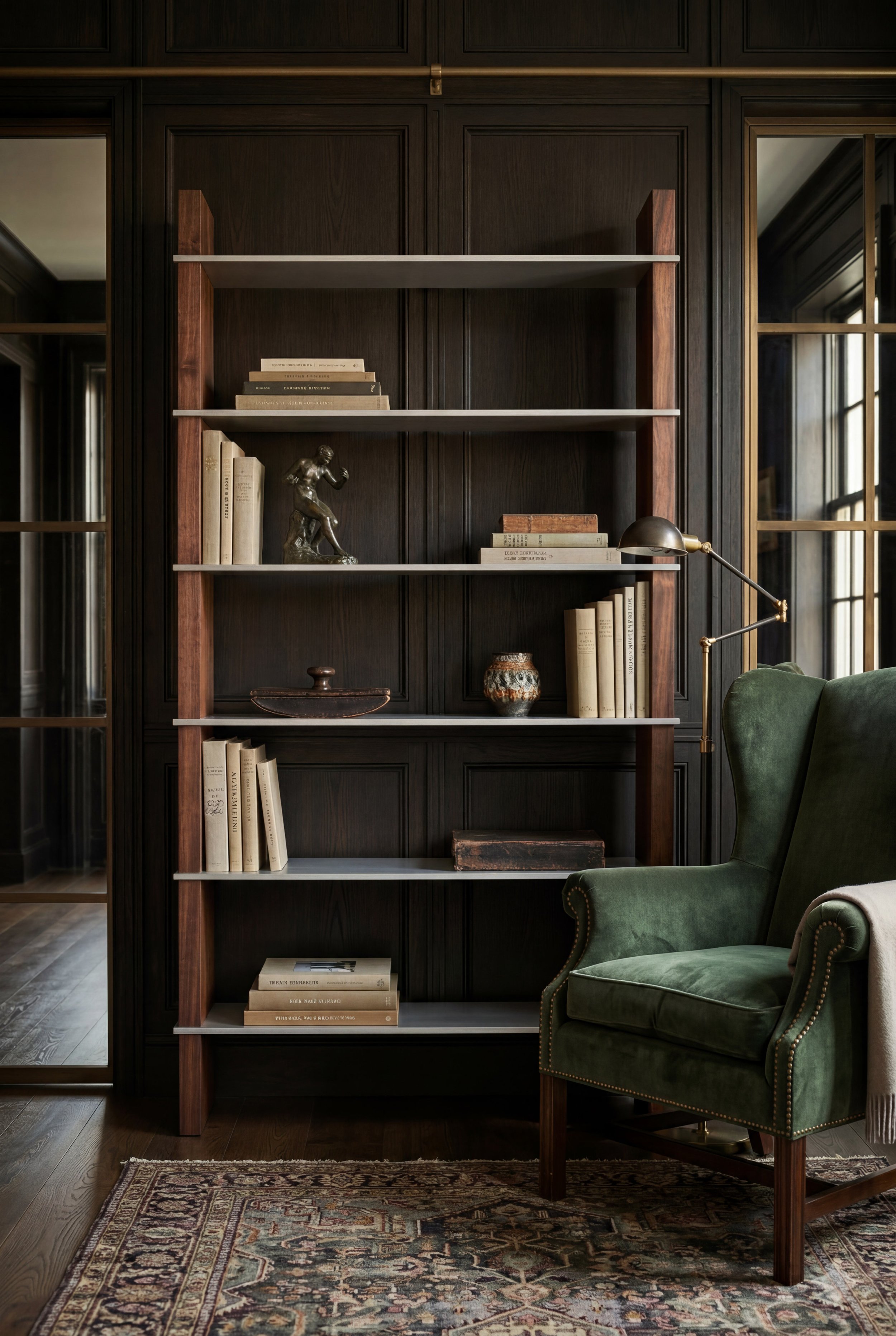  48” W x 10” D x 84” H  Stained mahogany verticals with intersecting 1/2” thick solid aluminum shelves.  03 