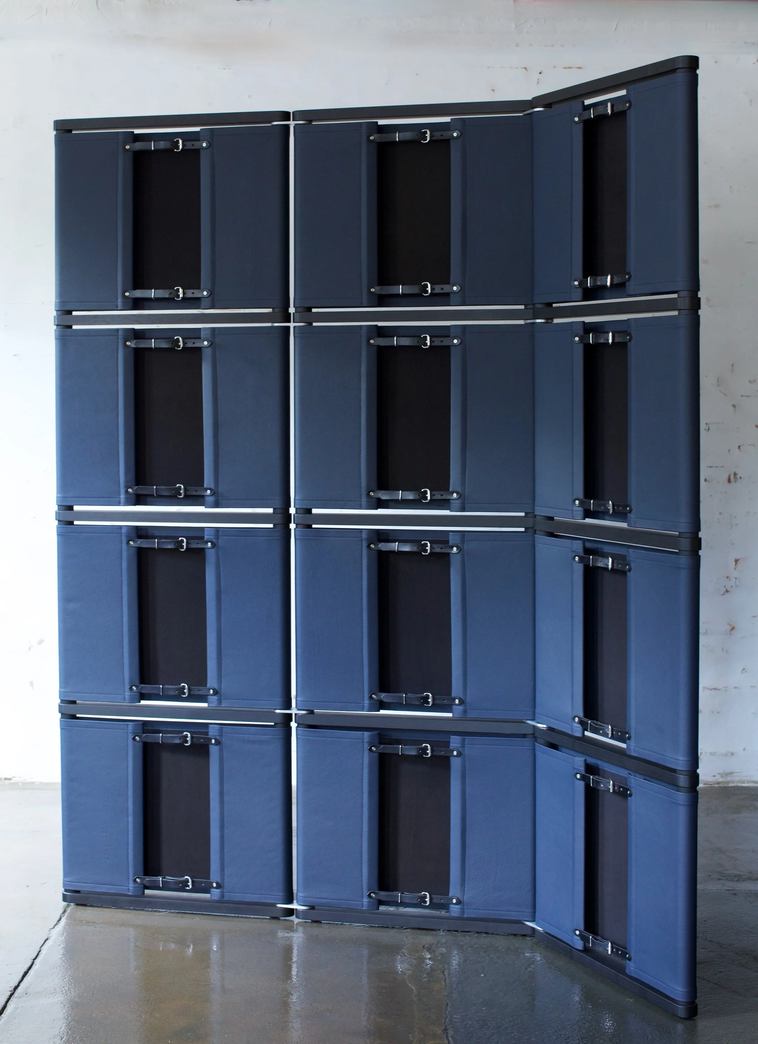   72” W x 77” H   Macassar stained walnut with leather  panels in Garrett Avion Tartan Blue  05 