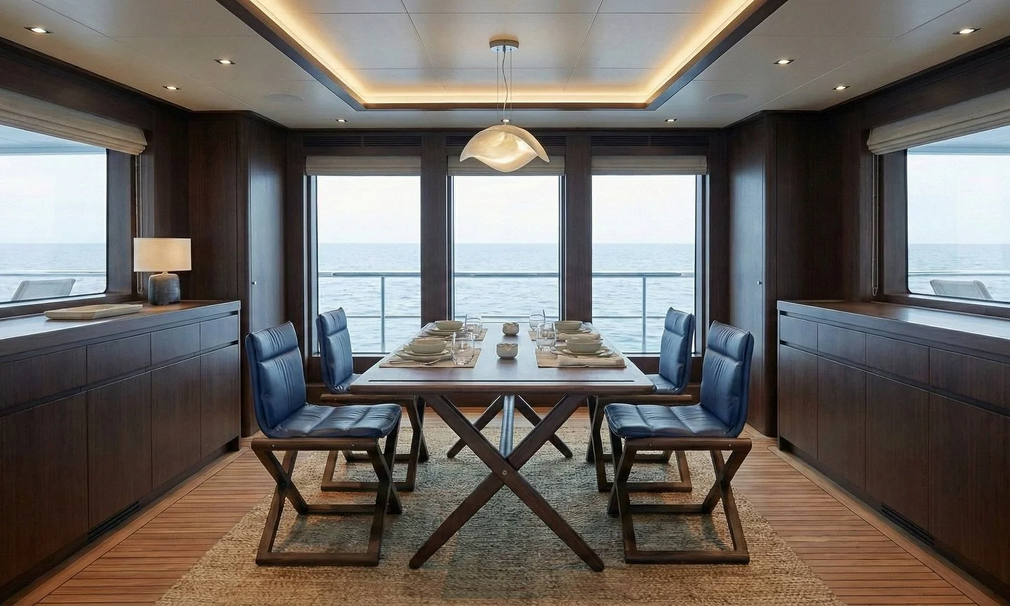 Dispatches from Sea

The yacht anchored off Corsica at first light. By noon the Kasmin table was set for lunch. Four Moss chairs arranged around it in blue leather the color of deep water. They dined on grilled sardines with thyme on toasted baguette