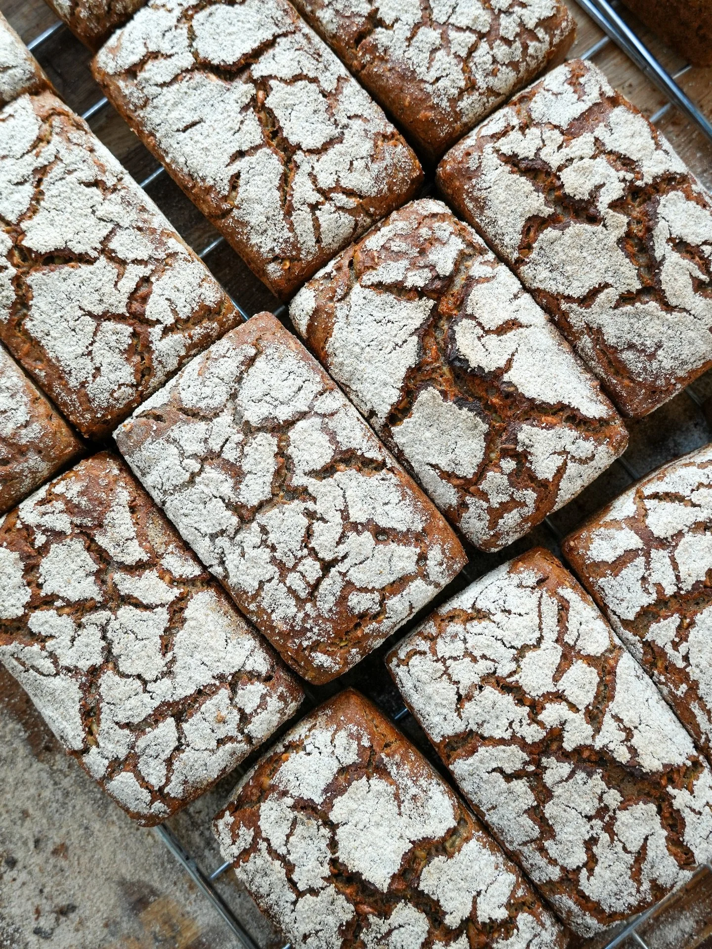 Our Danish Rye loaves, resting while they cool. Simple ingredients, naturally tasty.