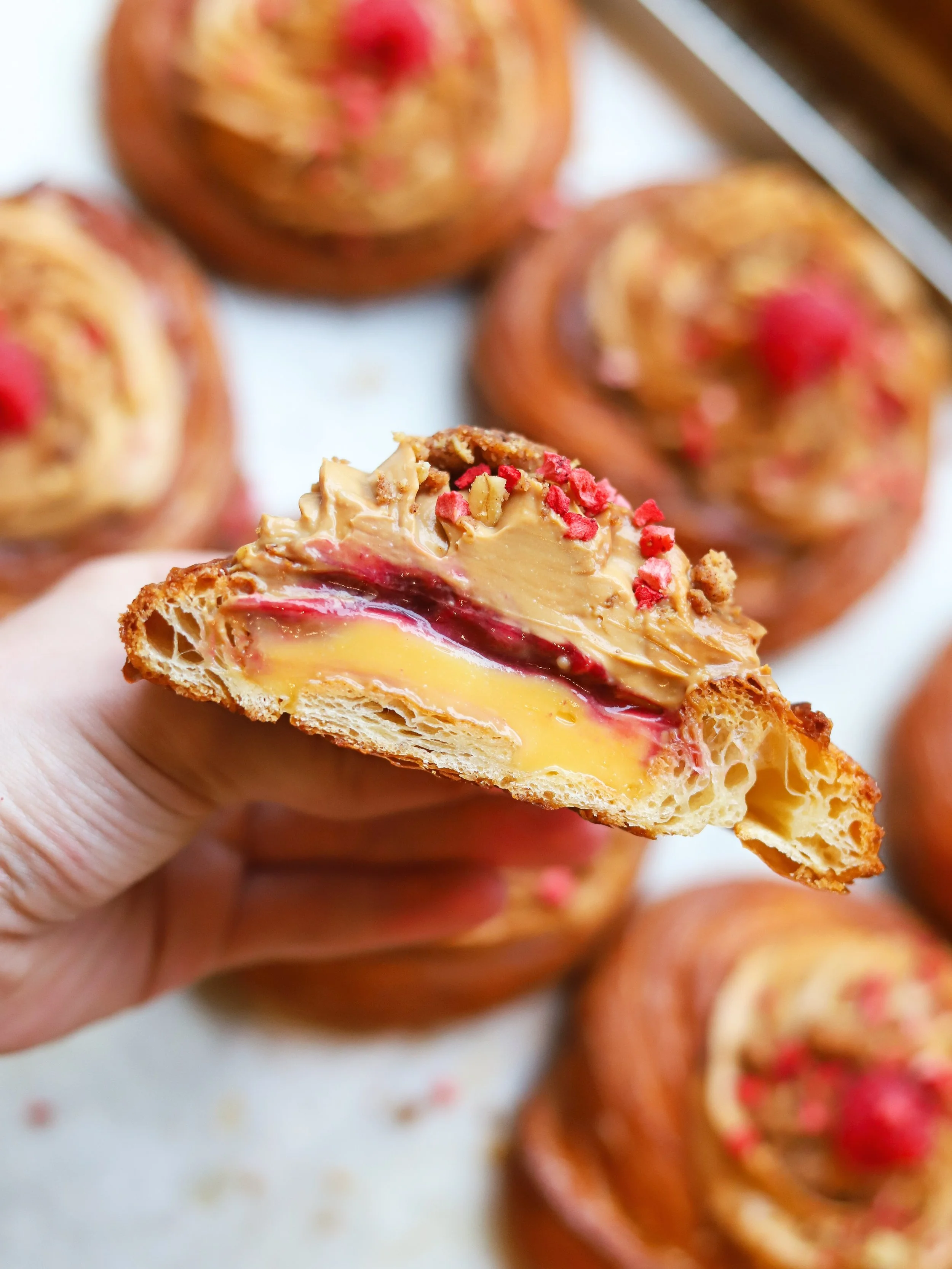 new seasonal pastry 
caramelised white chocolate, lemon curd, raspberry &amp; spiced crumble 

here for a short time
London only

for your next fika 🫶🏼