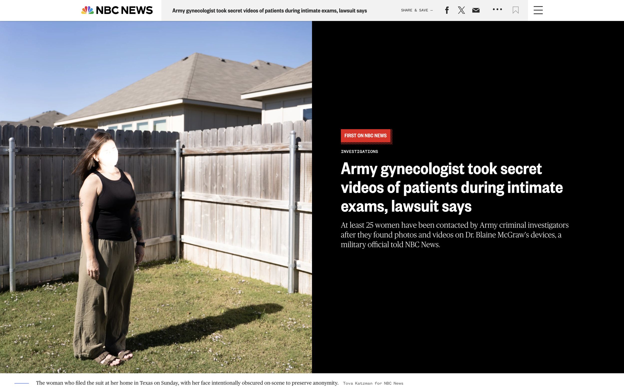  NBC News     Army gynecologist took secret videos of patients during intimate exams, lawsuit says    