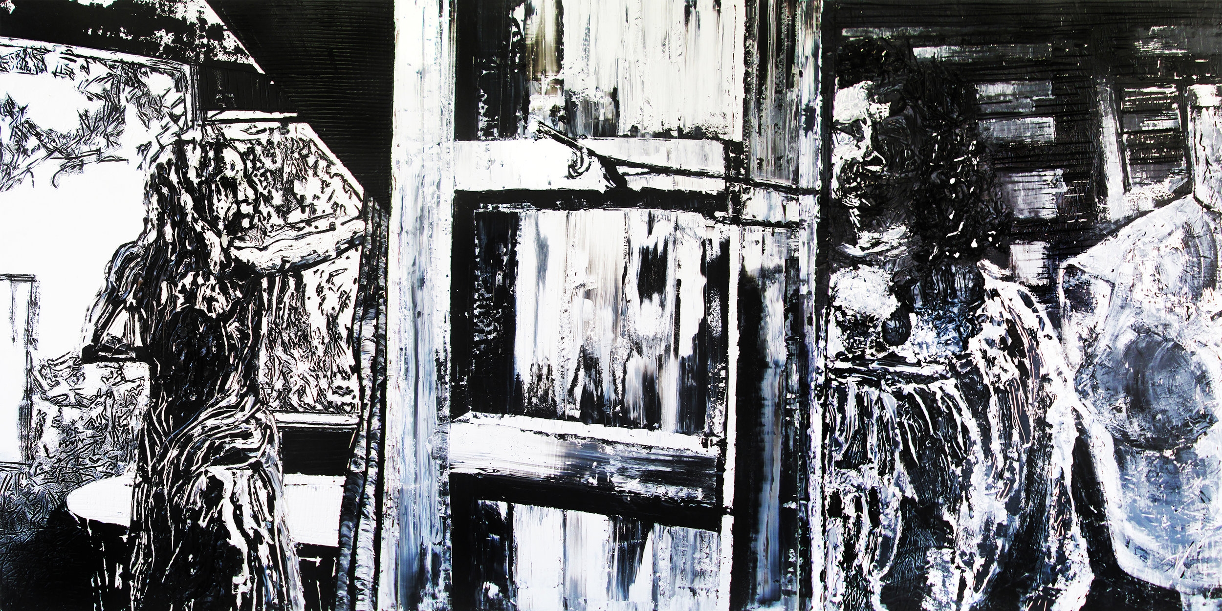 m(o)ther at the top of the stairs Acrylic, Oil and Carving on Panel 72" x 144"