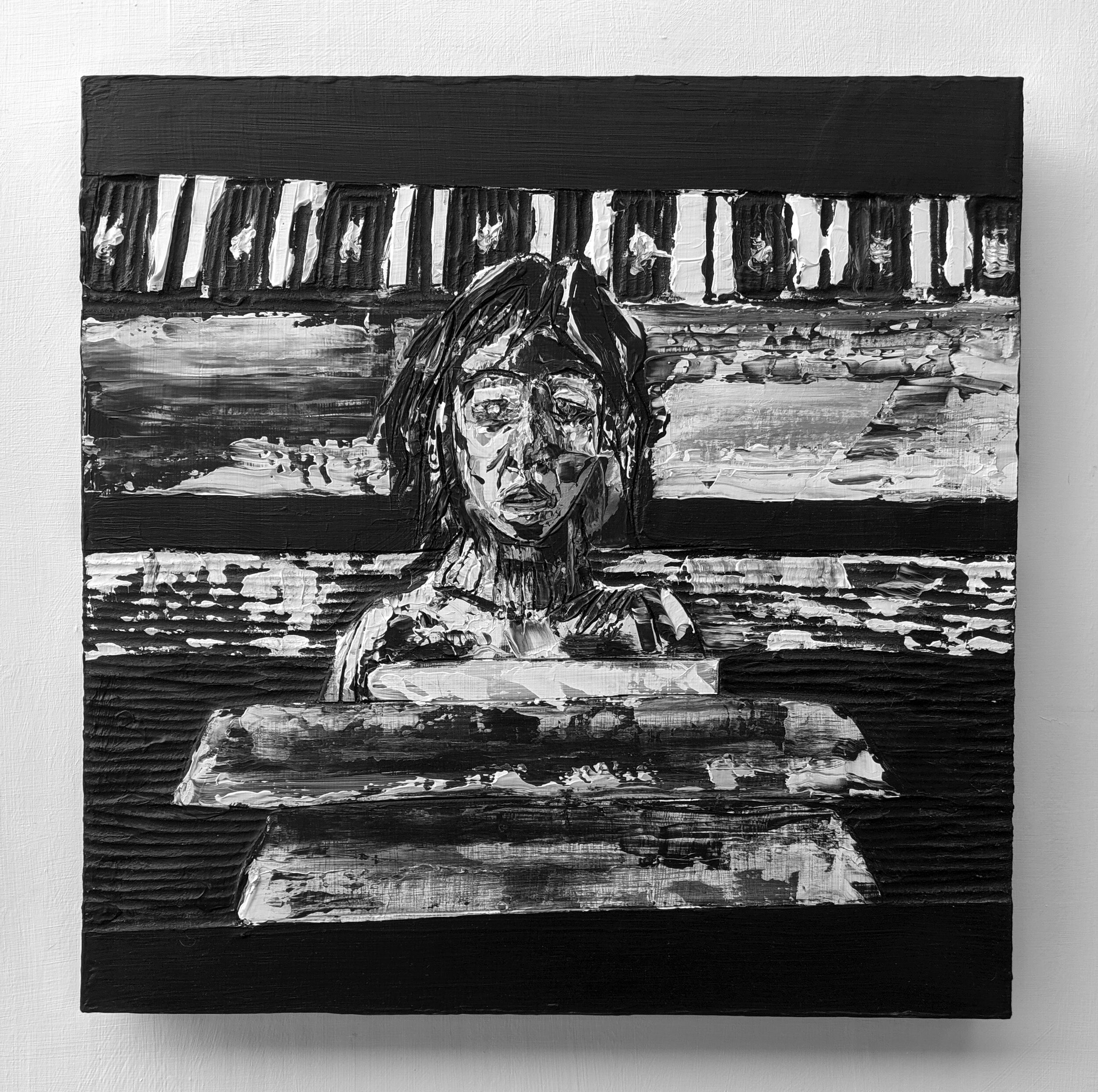 (13) 8 am Acrylic and Carving on Panel 18" x 18"