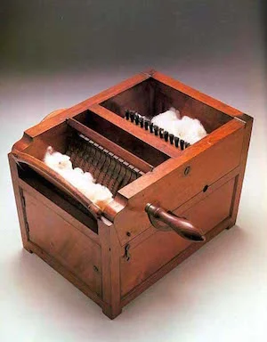 惠特尼的 "cotton gin" 除棉花籽機( via History Wired )