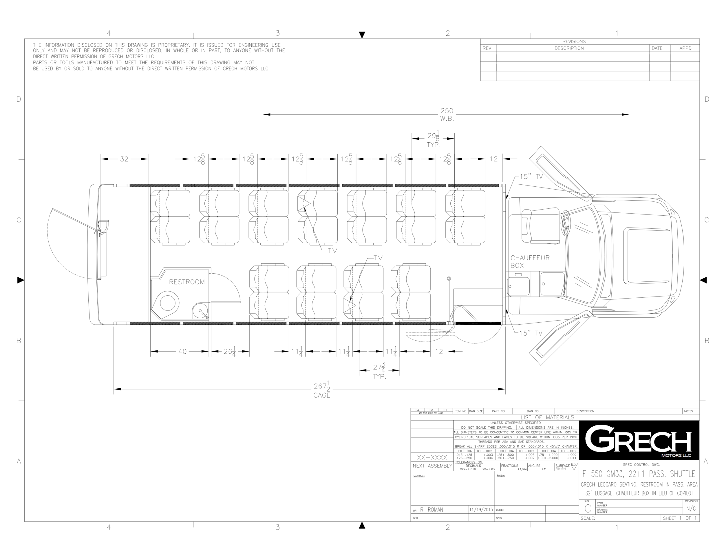 F-550 GM33 22+1, Grech Leggaro Seating, Restroom In Pass. Area, 32in Lug., Chauffeur Box In Lieu Of Copilot