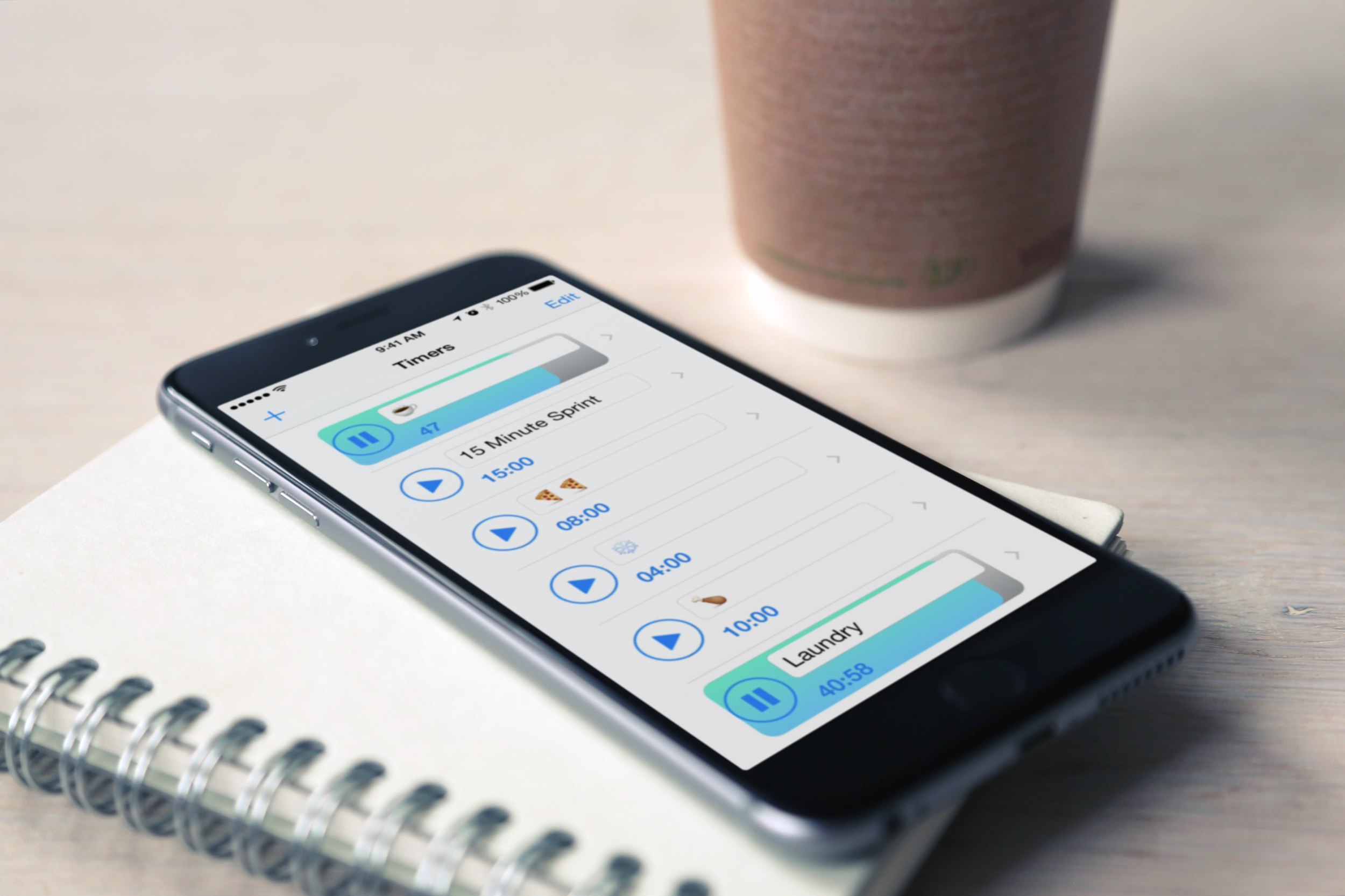 The main app screen. Use Emoji to label your timers. Quickly review how much time is left using the timer bars. Save your most-used timers to run again and again.