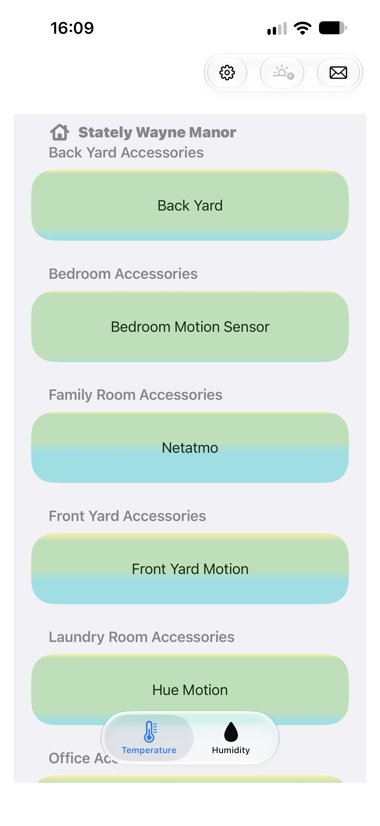 A screen shot of the opening screen of Window Watcher with a toolbar at the top, a list of sensors in a home, and a tab bar at the bottom toggling between temperature & humidity.
