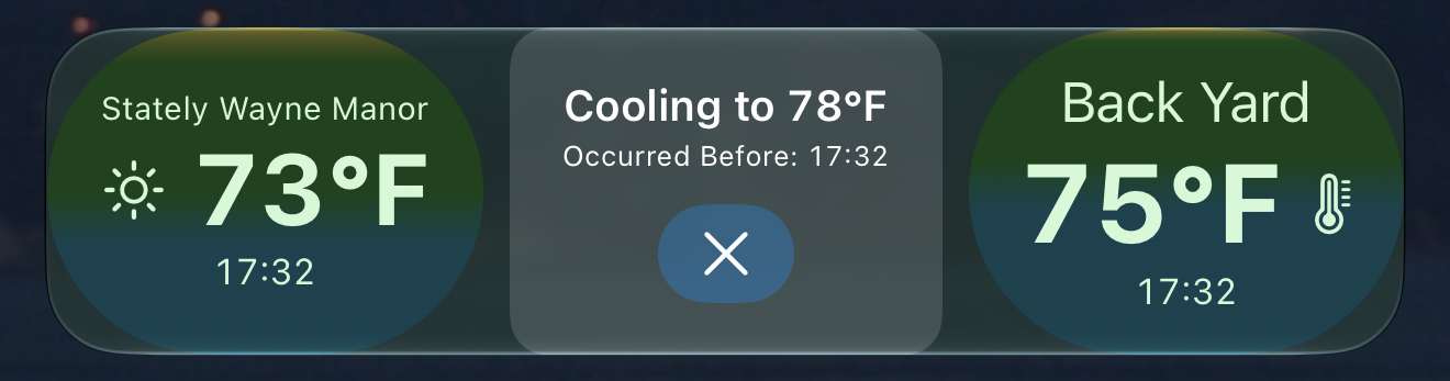 A Window Watcher Live Activity showing a forecast 2 degrees cooler than my yard sensor.