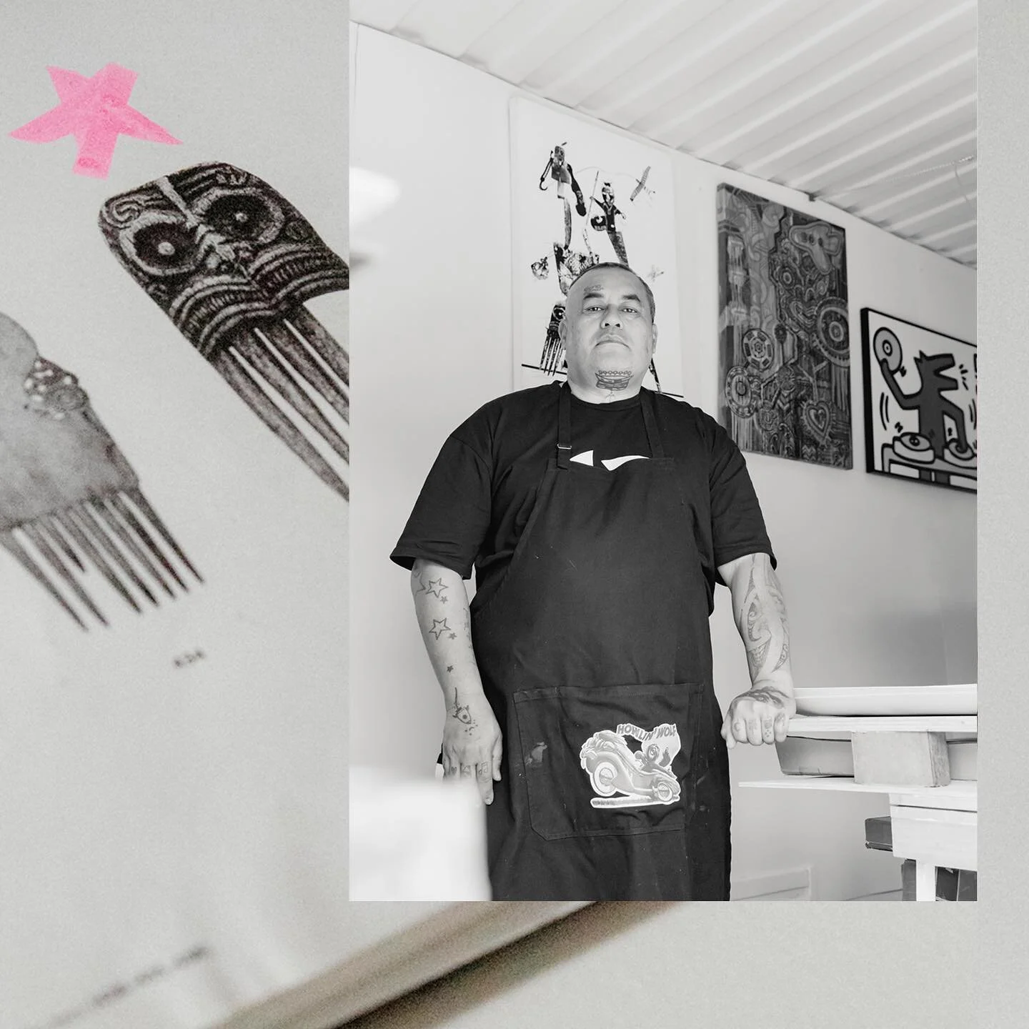 Artist Paora Tiatoa (@paorasprints) in his studio on Matakana island, and the heru that appears in a book of taonga which are currently owned by the British Museum (😒), which inspires much of his work. It was a real honour to meet and talk with Paor