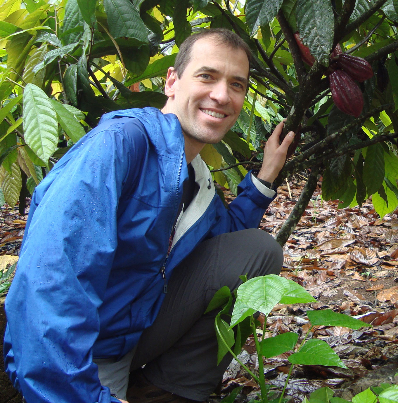 Founder & Chief Cacao Nut, Peter Moustakerski -- among some cacao trees in Costa Rica