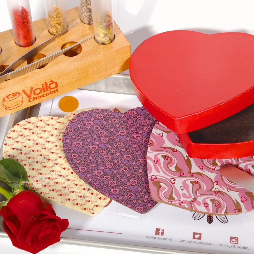 Heart-shaped chocolate bark in 3 different kinds of fine chocolate