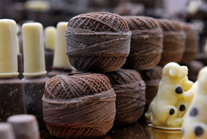 Choclolate balls of string on display during the Chocolate Show at Olympia's National Hall, London. Photograph: Nick Ansell/PA Wire