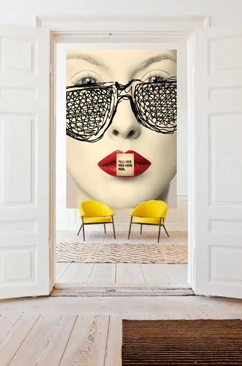 lips strange art scene sunglasses yellow modern chairs