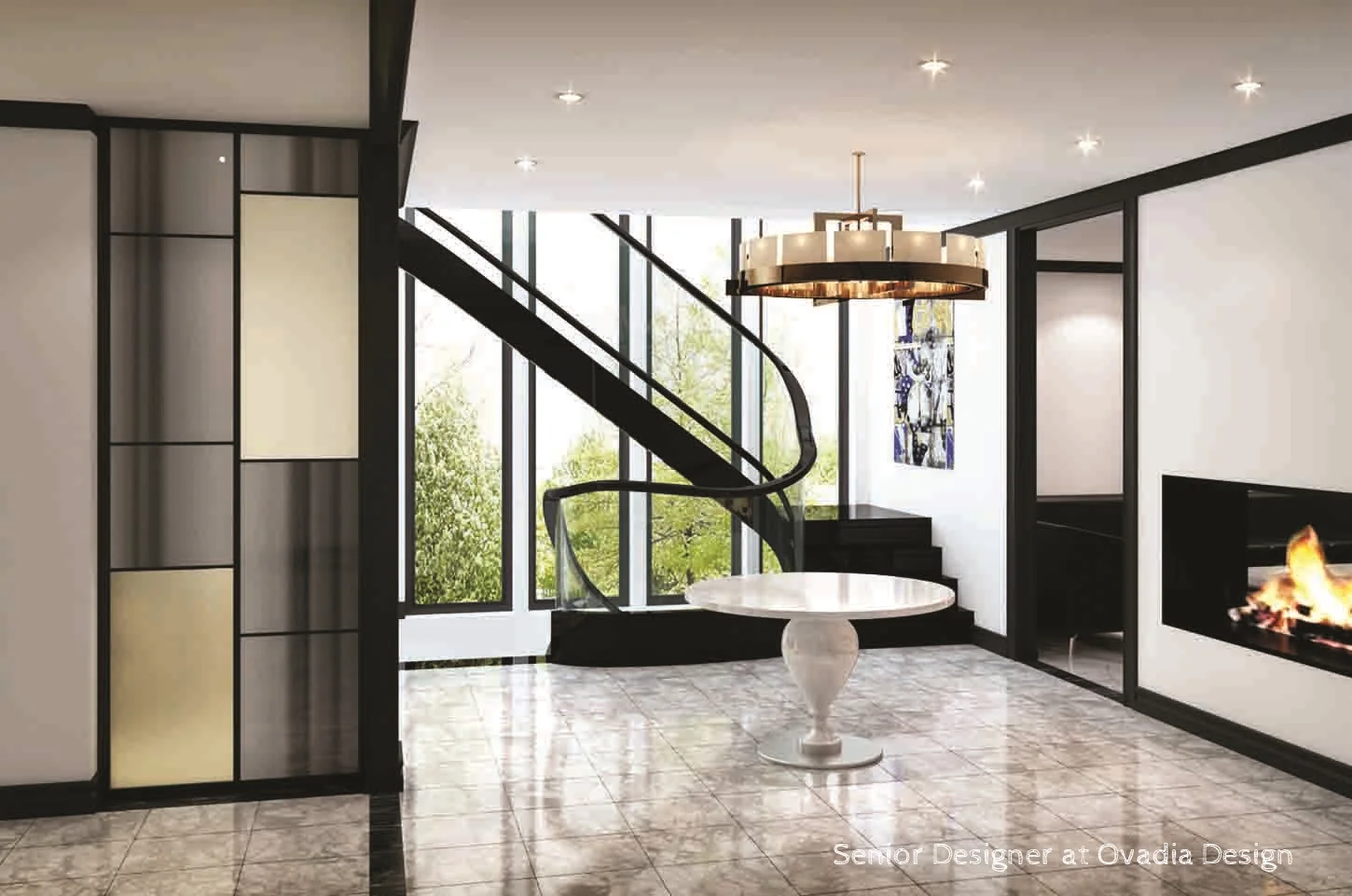 Entry clean classic whimsical interior design stair modern fireplace