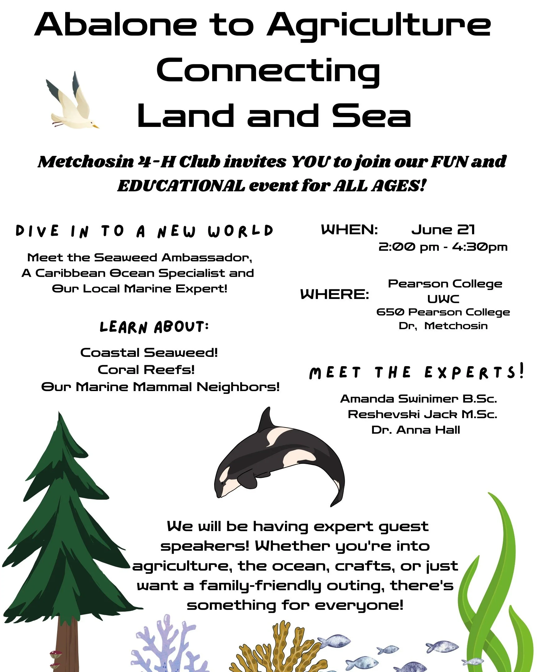 I'm looking forward to this FUN, all-ages Ocean event tomorrow in Metchosin! 

Where: Pearson College, Metchosin, BC
When: 2pm to 4:30pm
Admission: FREE