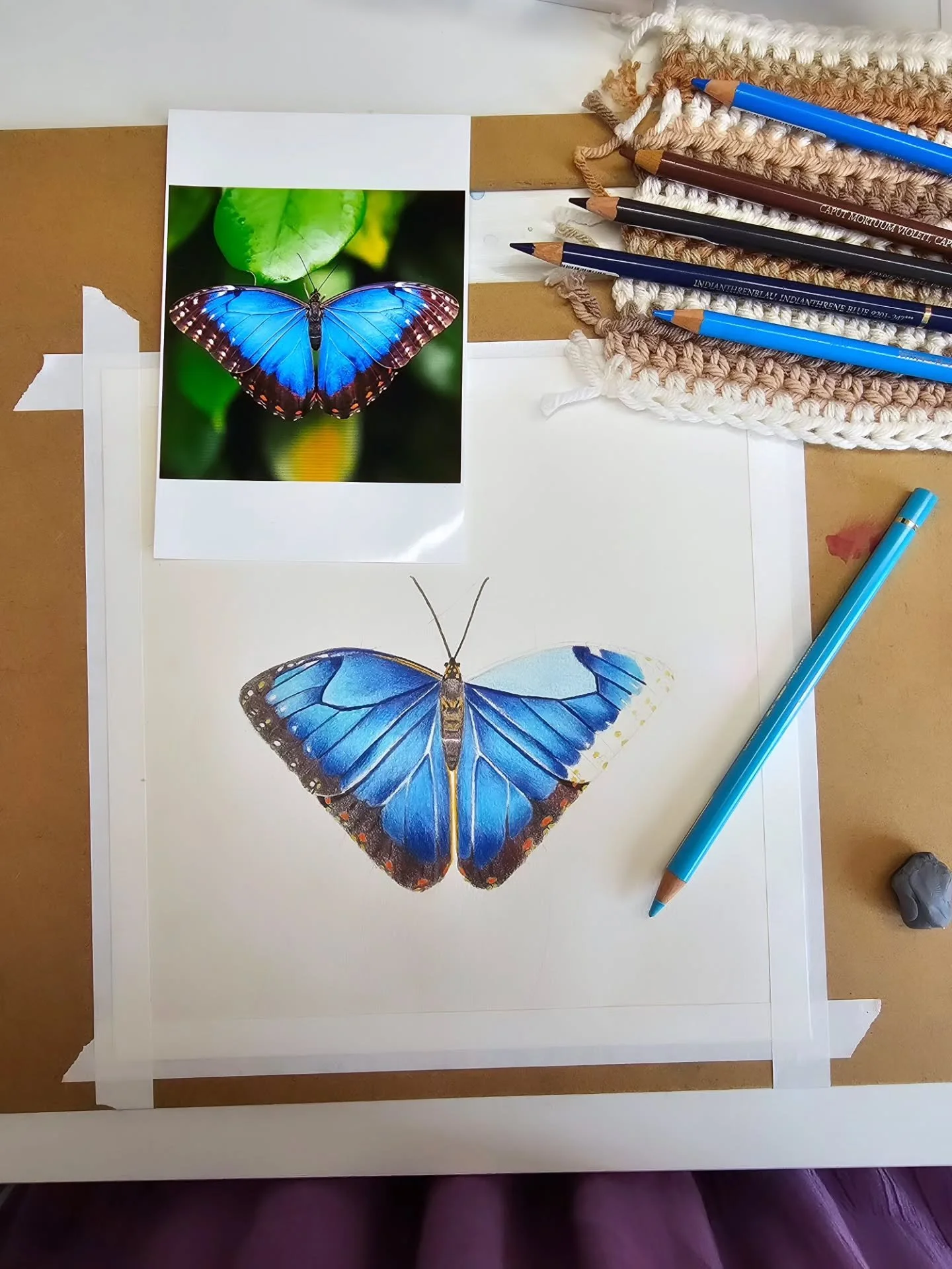 Just working on a butterfly 🦋 I've become obsessed with colored pencils lately. Why not. The slow build up of layers is the pace that is good. I think I might add some flowers to it because pink and purple would be so beautiful added to the blue and