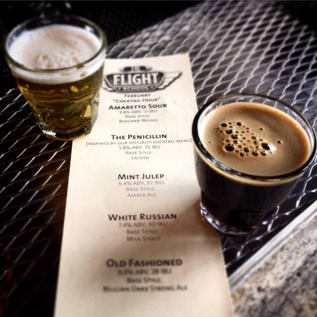 5 cocktail inspired brews from a recent Flight School: Amaretto Sour, Mint Julep, White Russian, Penicillin, and Old Fashioned.