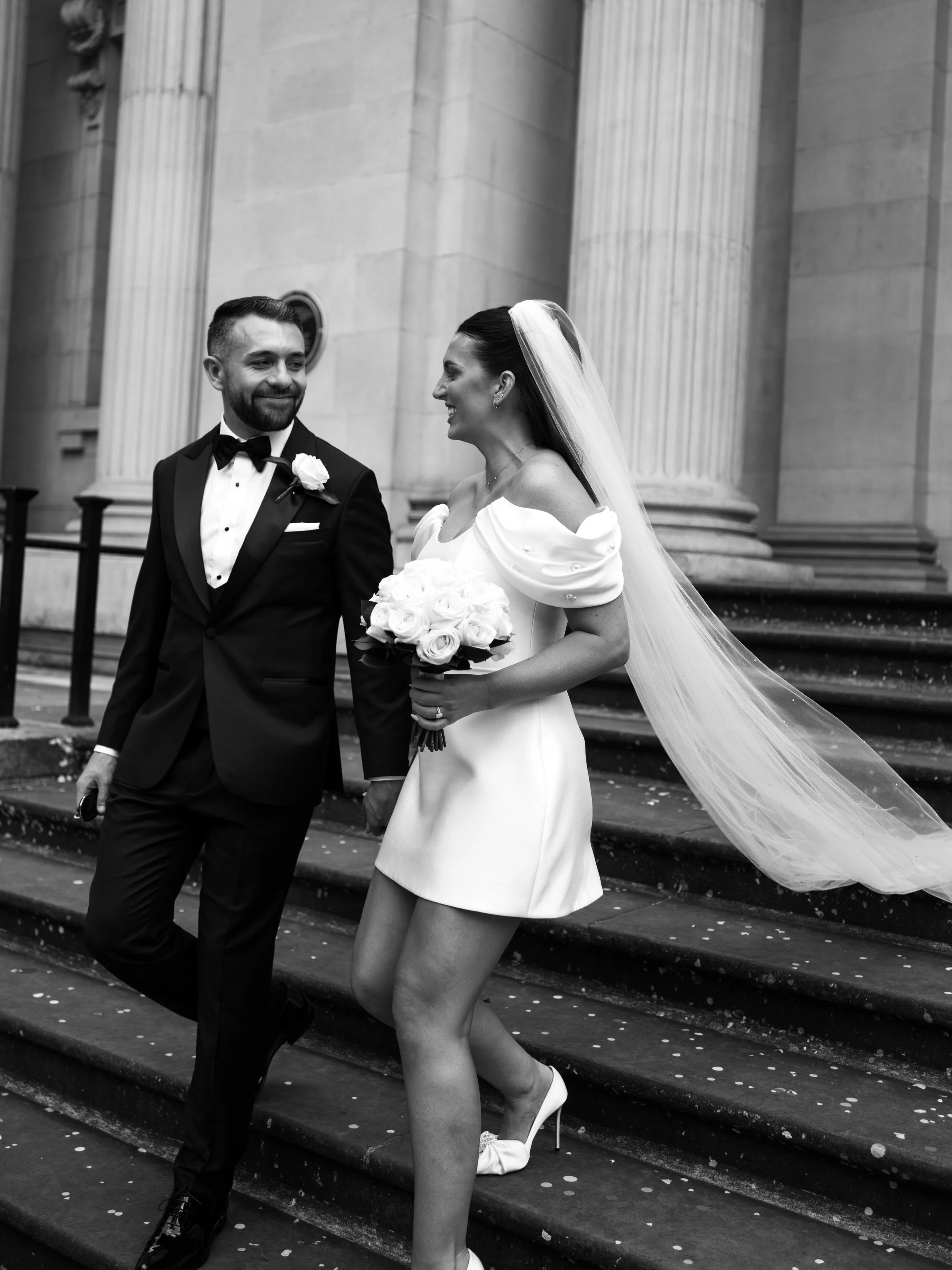 N &amp; J on the steps at Old Marylebone Town Hall.

Edited with our &lsquo;Classic B&amp;W&rsquo; editorial style preset from the Union of Two 2.0 Preset Pack for photographers.

#unionoftwo #editorialstyle #editorialweddingphotography #lightroompre