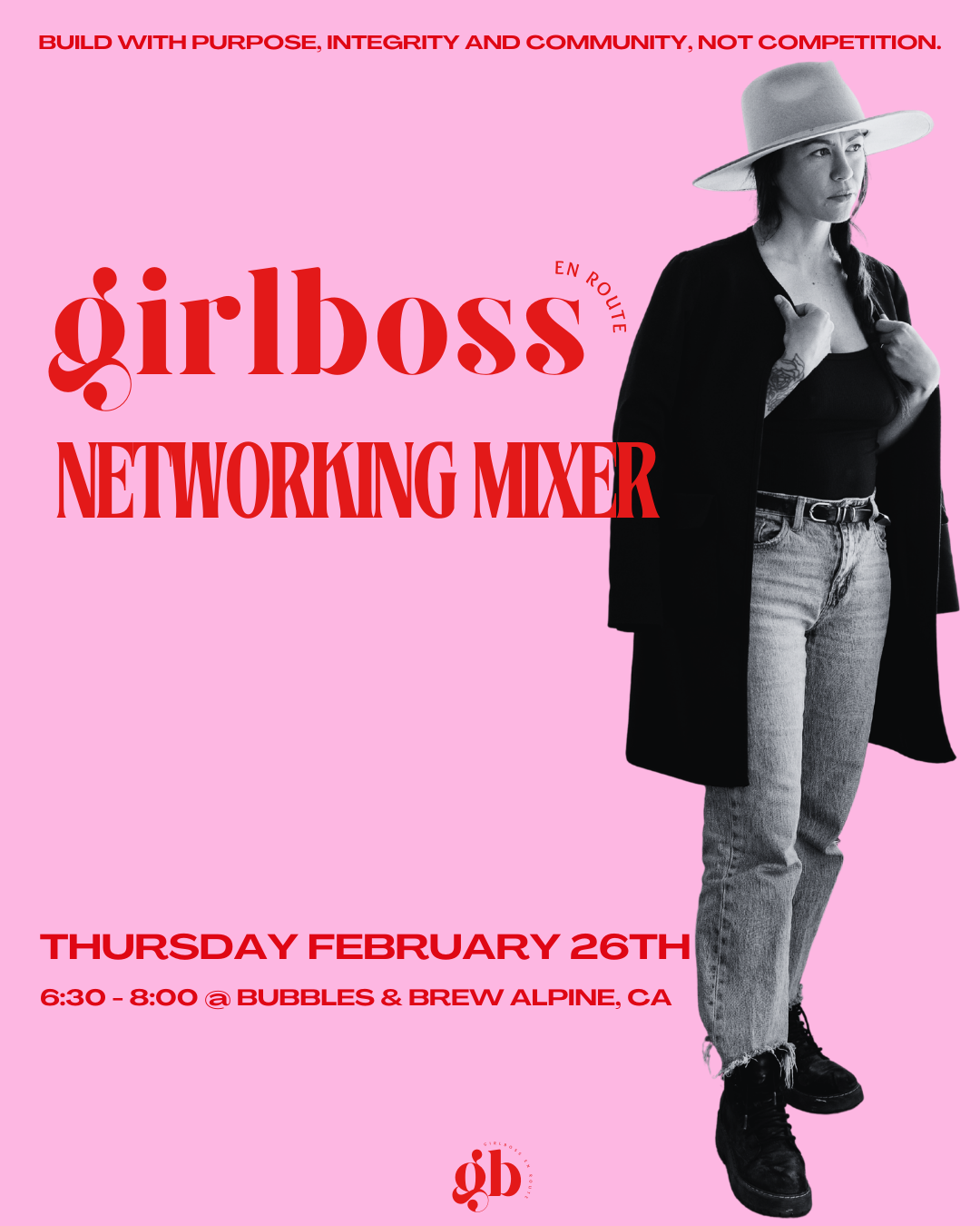 A promotional flyer for a girls' networking mixer event featuring a woman in a hat and casual clothing against a pink background, with red and black text detailing the event date, time, location, and slogan.