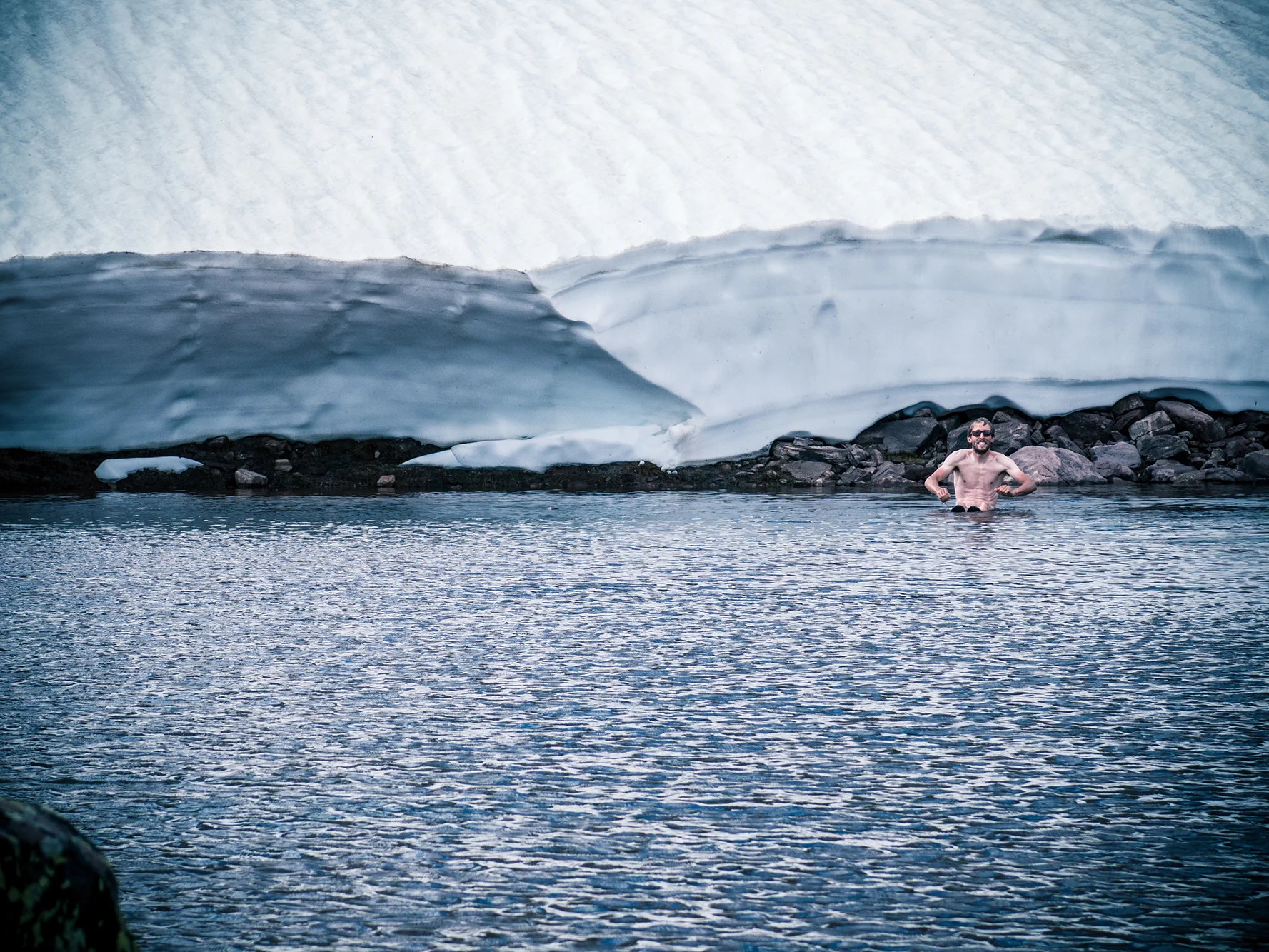 Joe takes a glacial bath.