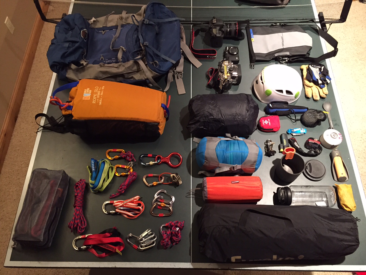 Pre-packed gear shot for a canyoneering trip to Zion National Park.