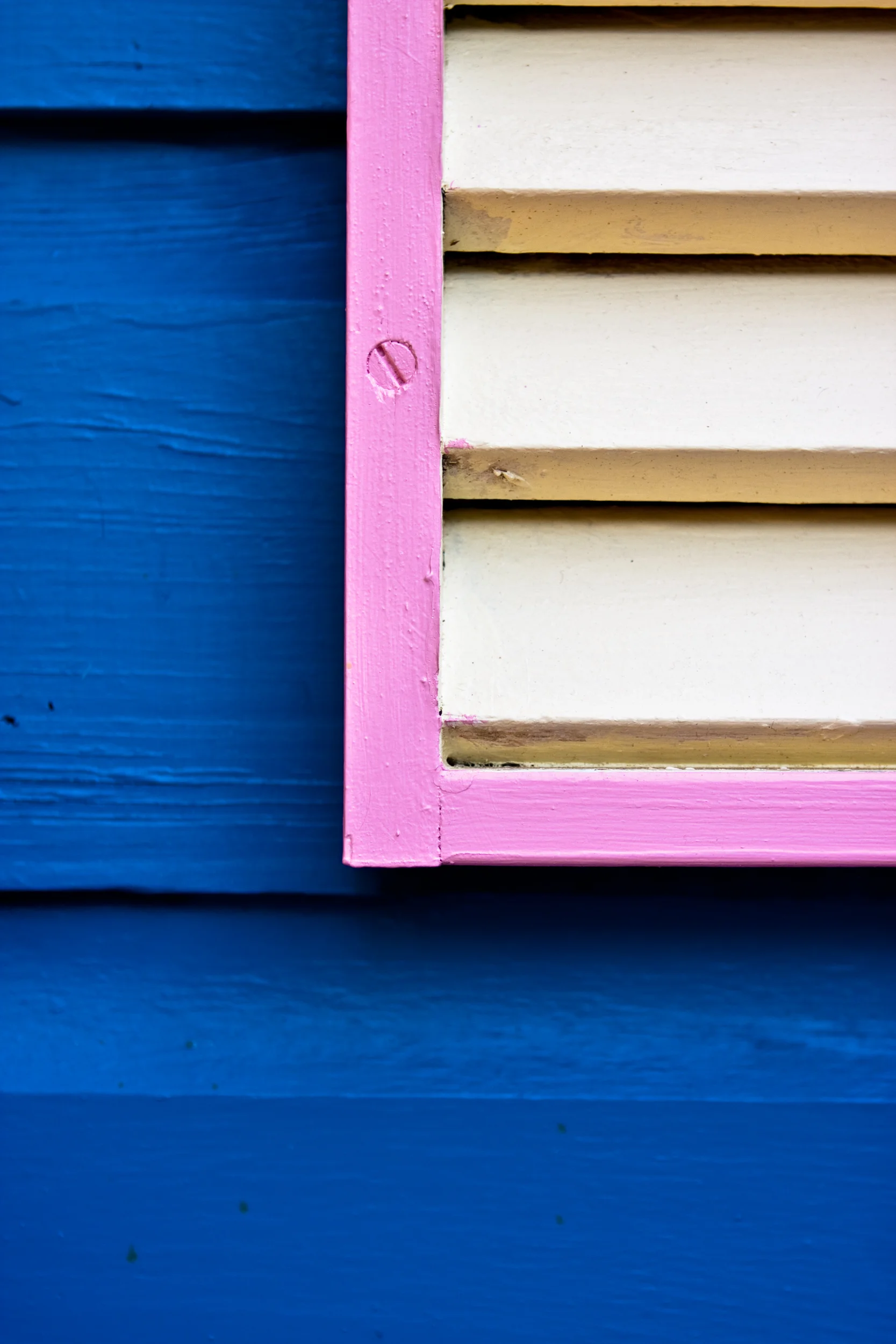 Detail image of pink trim set against blue wood siding.