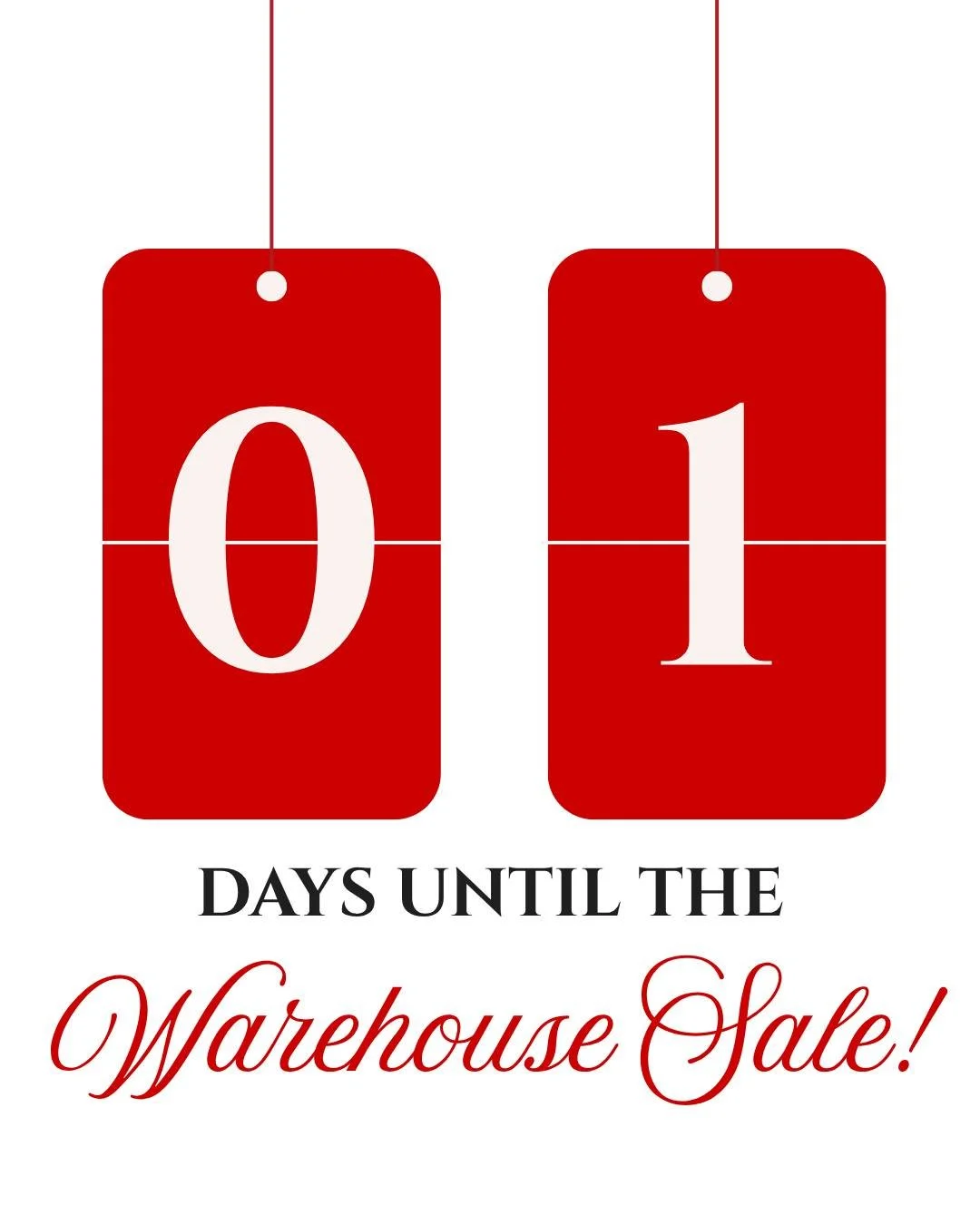 Only 1 day away! 

Our Warehouse Sale starts tomorrow; don&rsquo;t miss your chance to shop great finds and special deals while they last. 

See you there!

August 27 + 28 | 9 AM - 5 PM
August 29 | 8 AM - 12 PM

12969 Greenly St., Holland, MI 49424